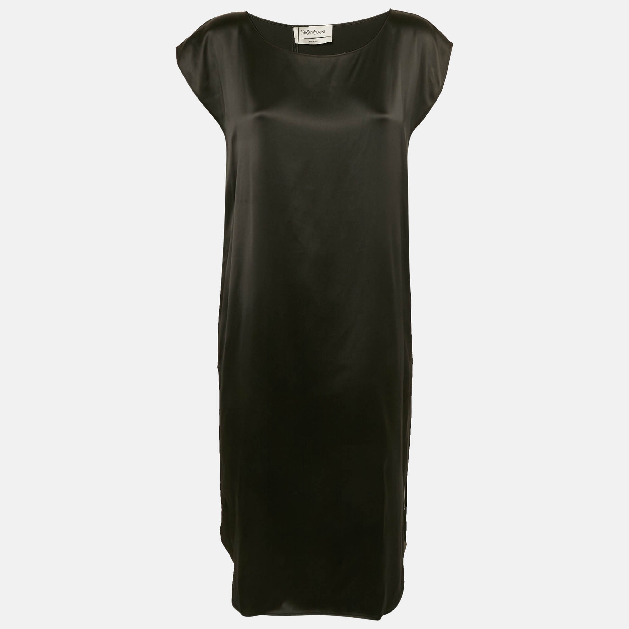 Pre Owned Yves Saint Laurent Black Silk Satin Midi Dress L