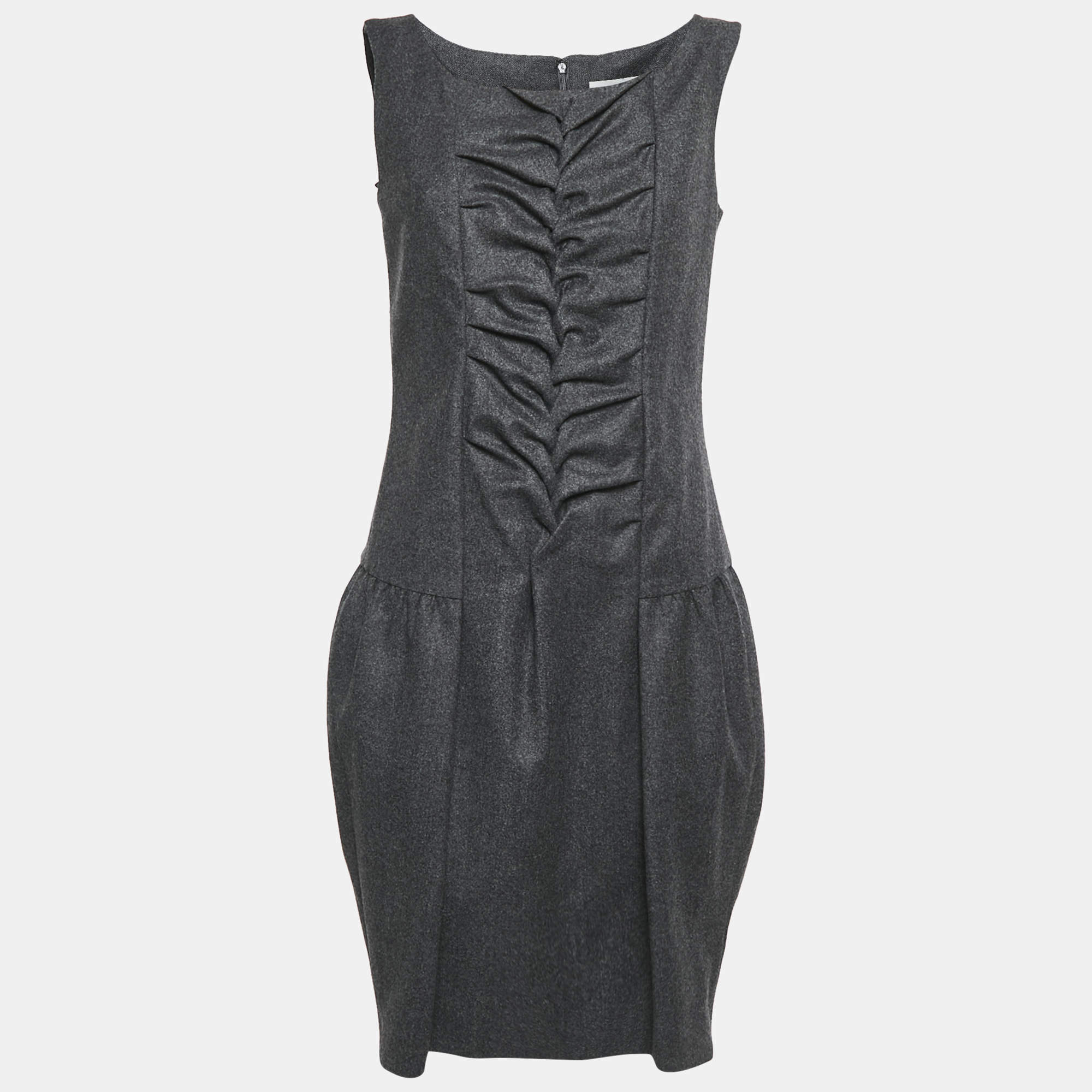 Yves Saint Laurent Dark Grey Wool Smock Detail Sleeveless Mini Dress M