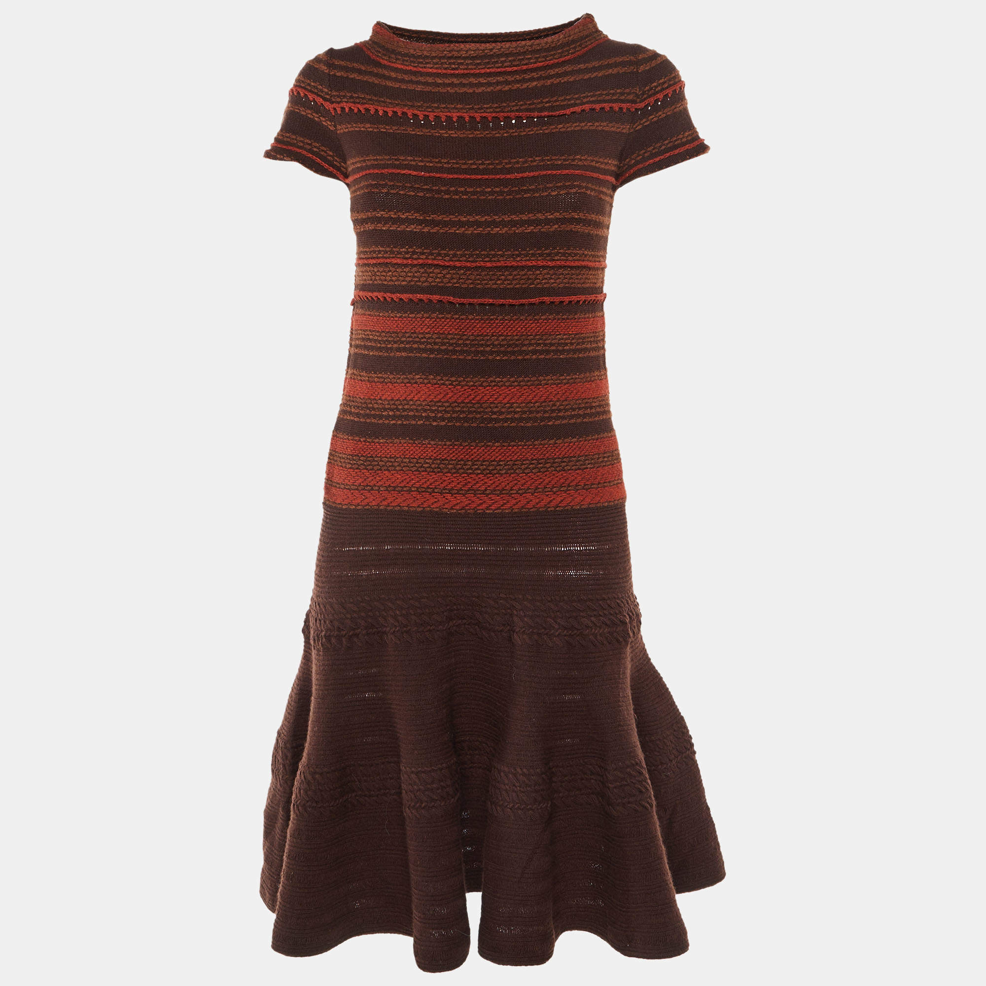 Pre Owned Yves Saint Laurent Brown Striped Wool & Cashmere Knit Midi Dress S