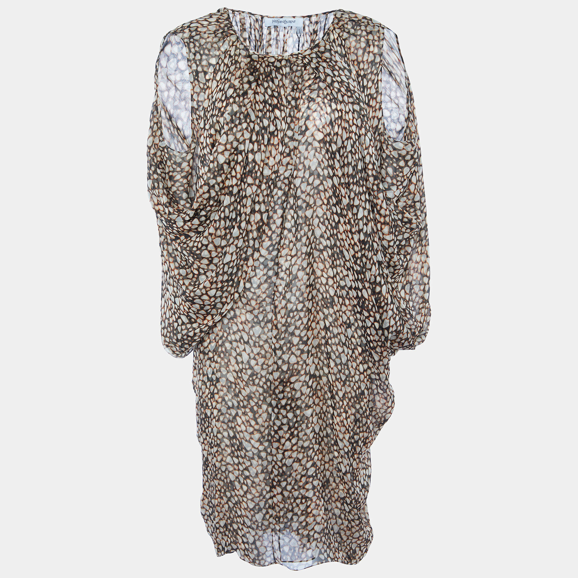 Pre Owned Yves Saint Laurent Brown Printed Silk Draped Midi Dress L
