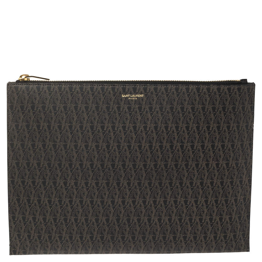 Pre Owned Saint Laurent Brown Coated Canvas Monogram Zip Pouch