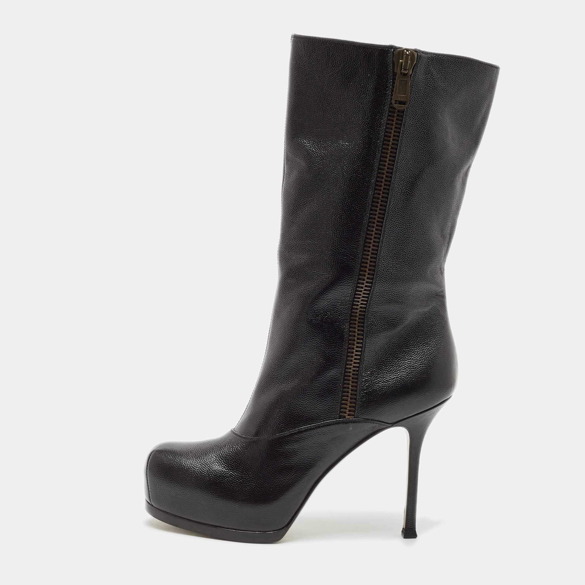 Yves Saint Laurent Black Leather Tribtoo Platform Ankle Boots Size 39
