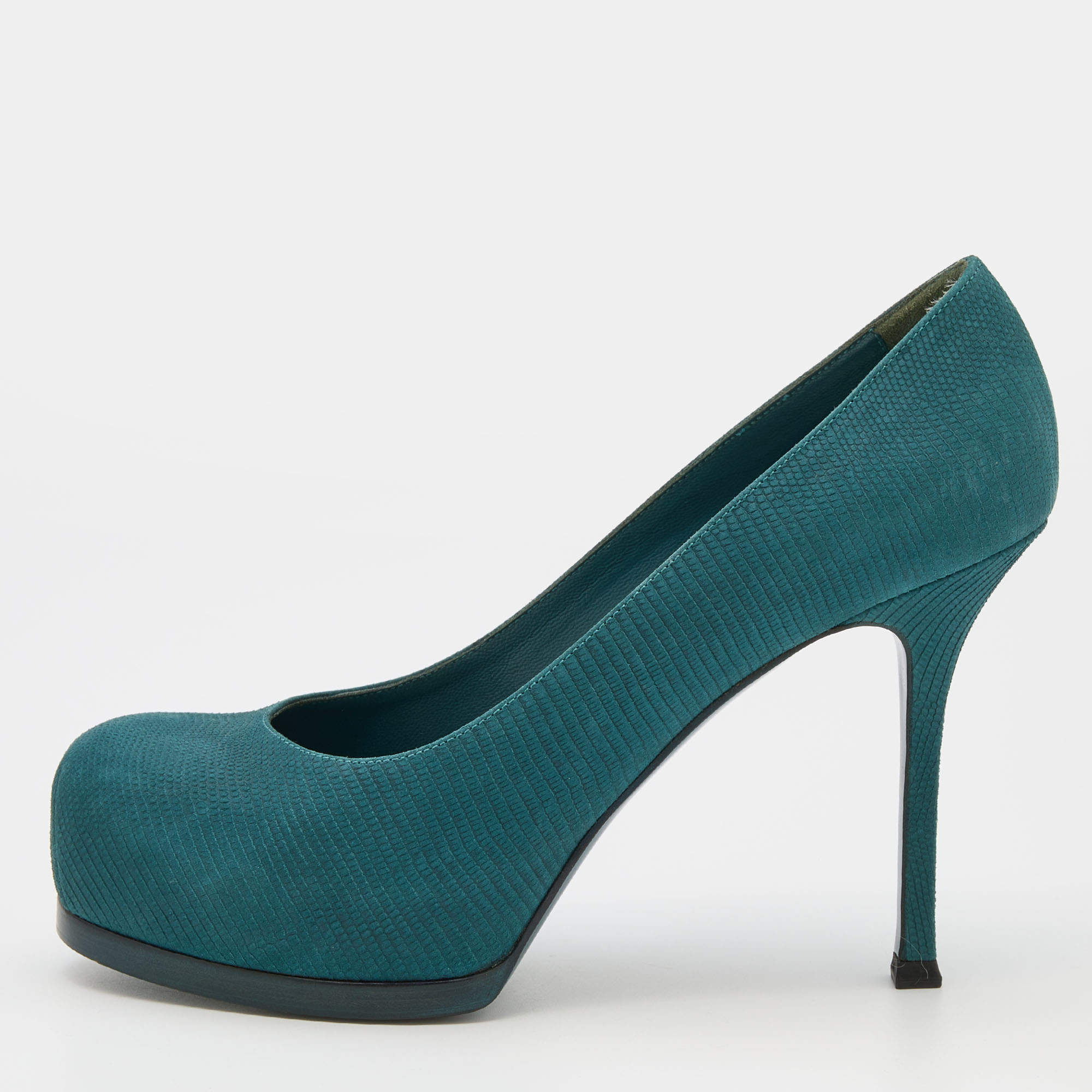 Pre Owned Yves Saint Laurent Teal Blue Lizard Embossed Leather Tribtoo Platform Pumps Size 38