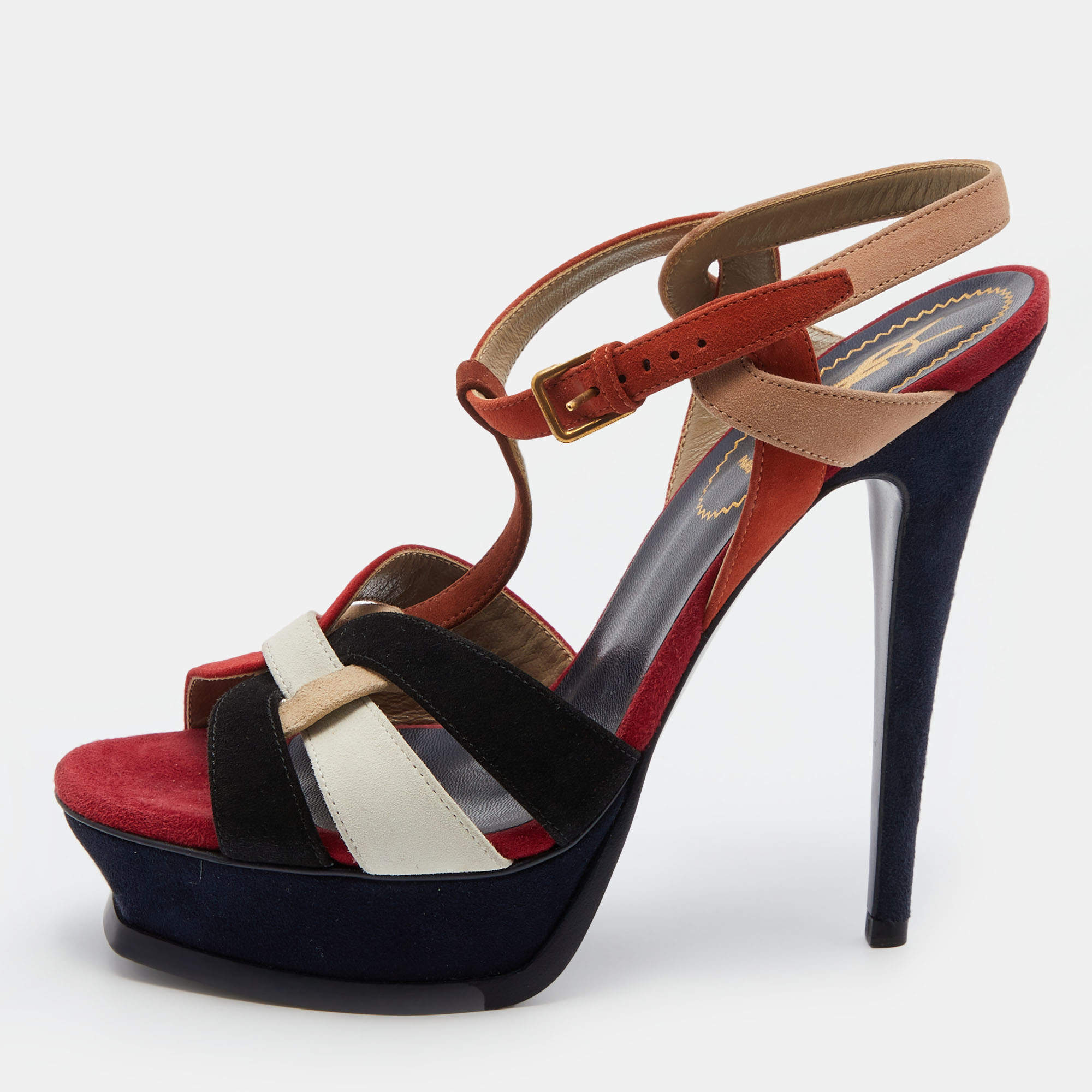 Pre Owned Yves Saint Laurent Multicolor Suede Tribute Platform Sandals Size 38