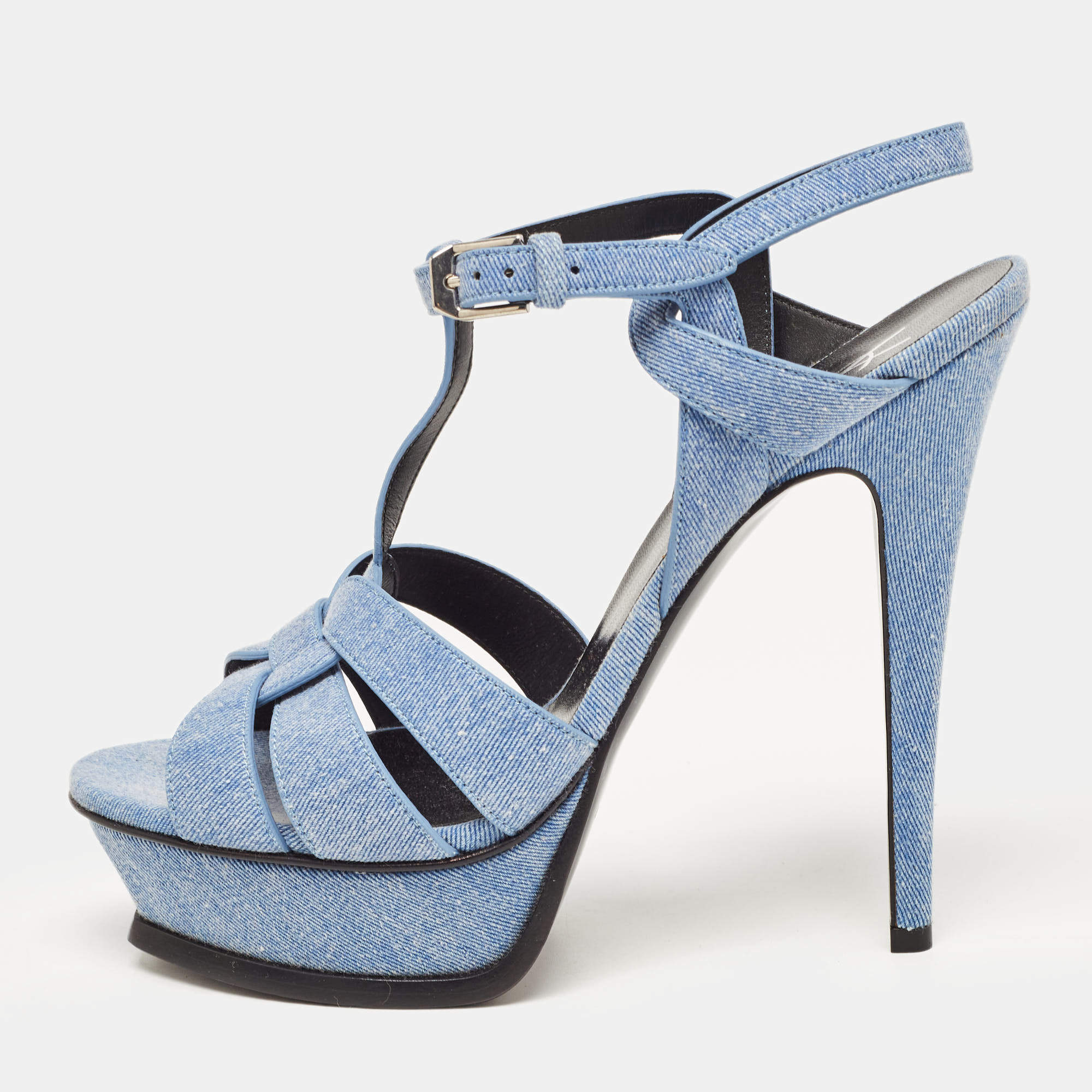 Pre Owned Yves Saint Laurent Blue Denim Tribute Ankle Strap Sandals Size 39