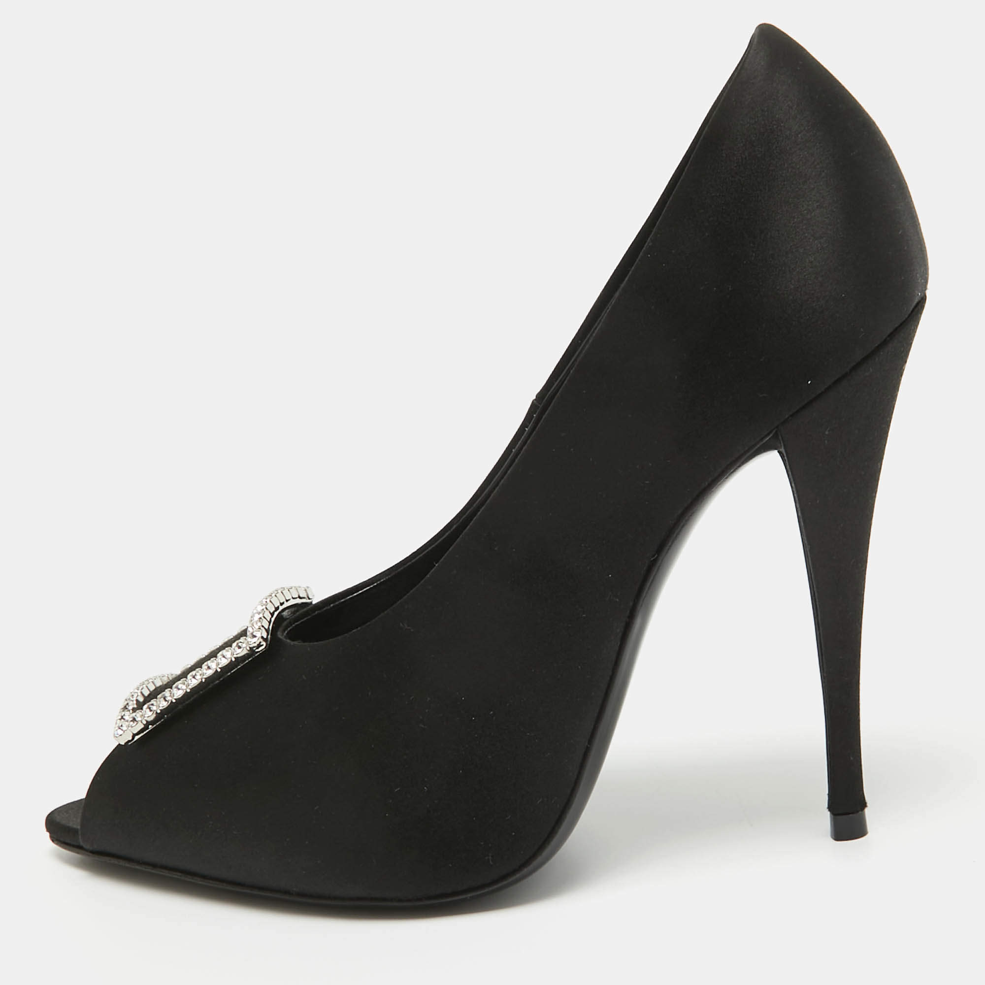 Saint Laurent Black Satin Franky 115 Peep Toe Pumps Size 38