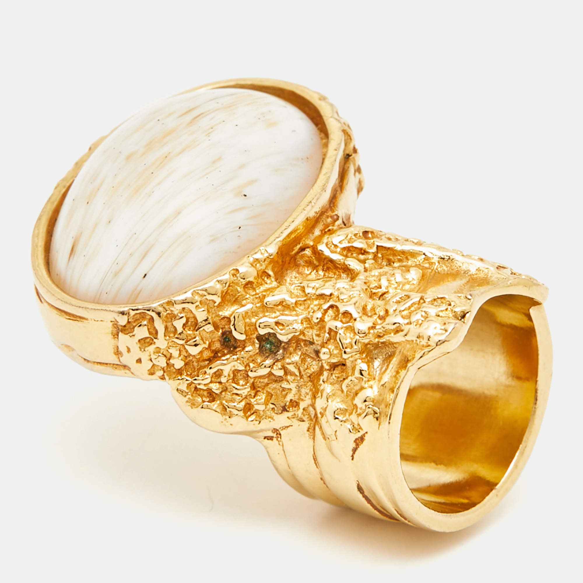 Yves Saint Laurent Arty White Cabochon Glass Gold Tone Ring Size 49