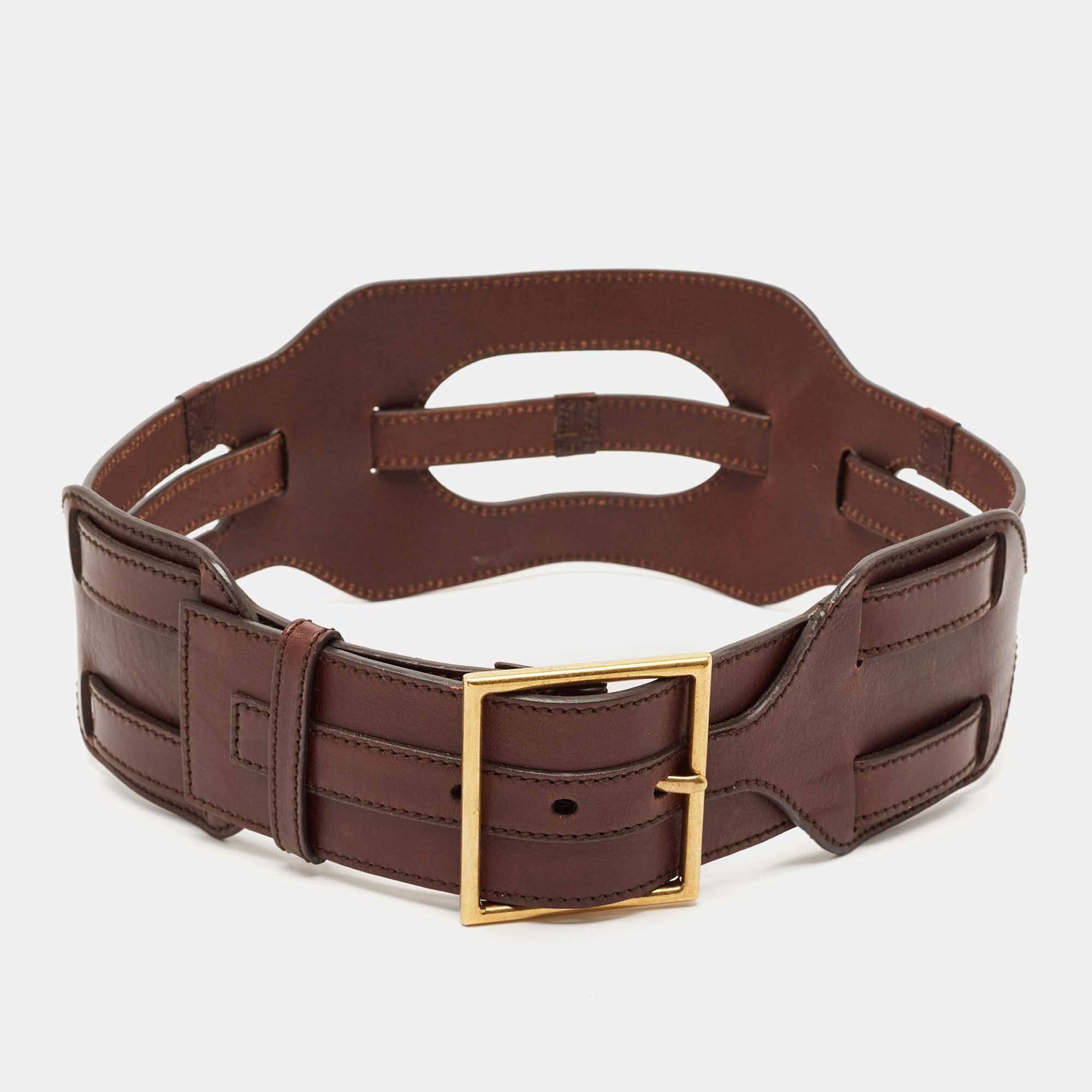 Pre Owned Yves Saint Laurent Brown Leather Strappy Wide Buckle Belt L