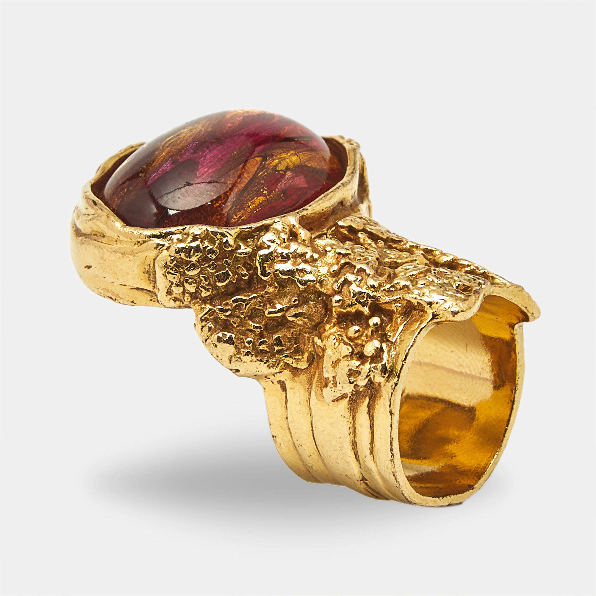 Pre Owned Yves Saint Laurent Arty Multi Color Glass Cabochon Gold Tone Ring Size 54