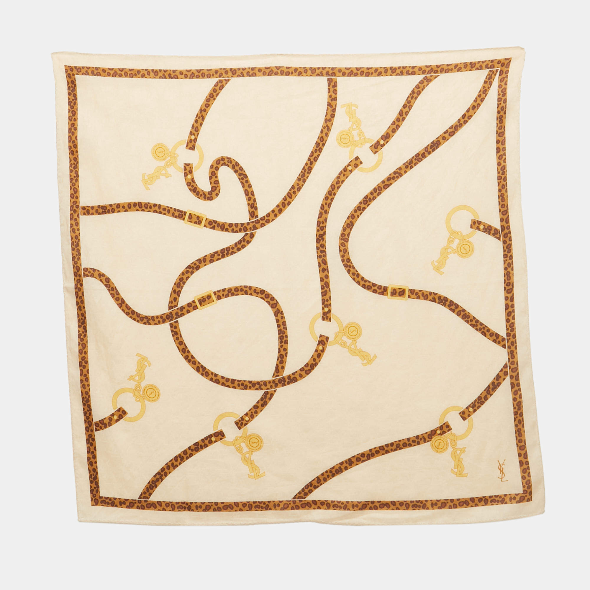 Pre Owned Yves Saint Laurent Vintage Beige Printed Cotton Handkerchief 