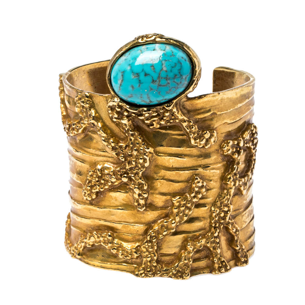 Yves Saint Laurent Turquoise Glass Cabochon Gold Tone Arty Bracelet M