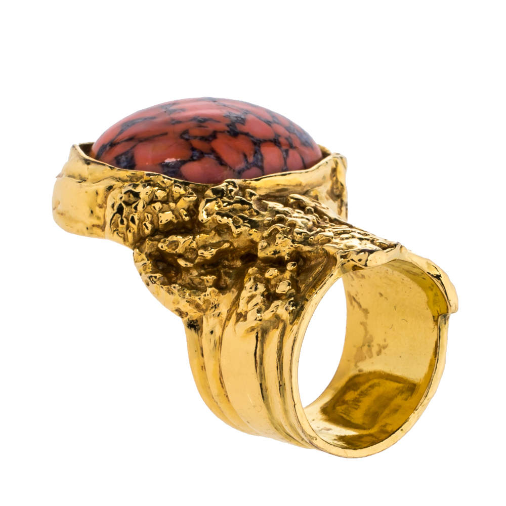 Yves Saint Laurent Arty Glass Cabochon Gold Tone Cocktail Ring Size 6