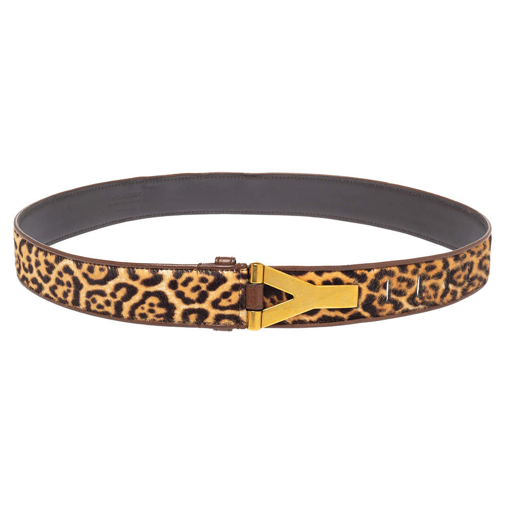 Pre Owned Yves Saint Laurent Brown Animal Print Calf Hair Y Buckle Belt 90CM