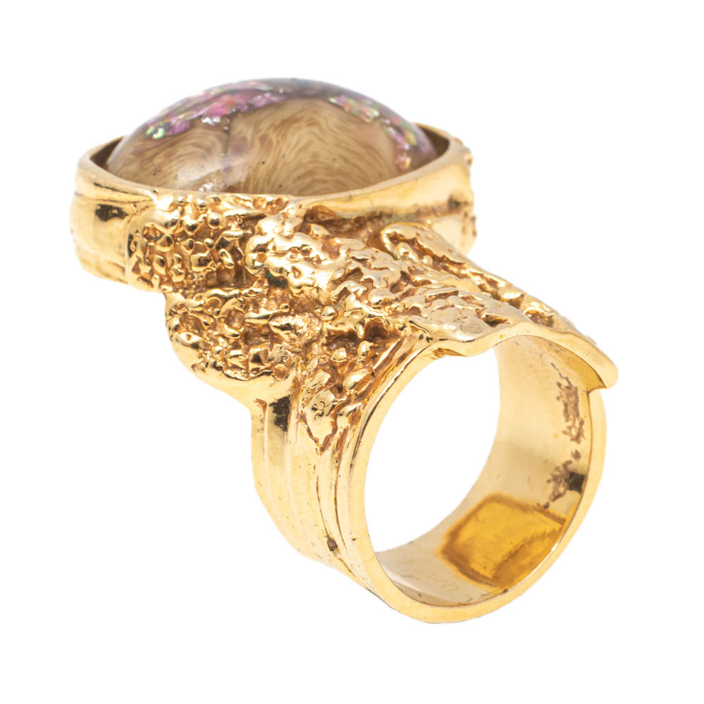 Pre Owned Yves Saint Laurent Green Glass Cabochon Gold Tone Arty Ring Size 56