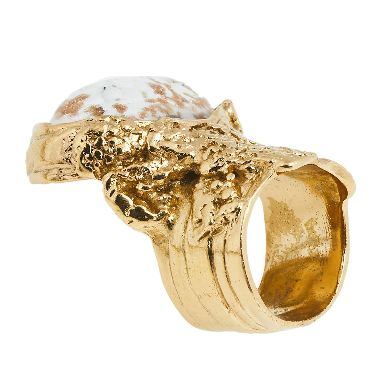 Pre Owned Yves Saint Laurent Metallic White Glass Cabochon Arty Ring Size EU 54.5