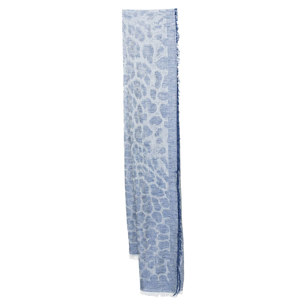 Yves Saint Laurent Blue Patterned Linen & Cotton Scarf
