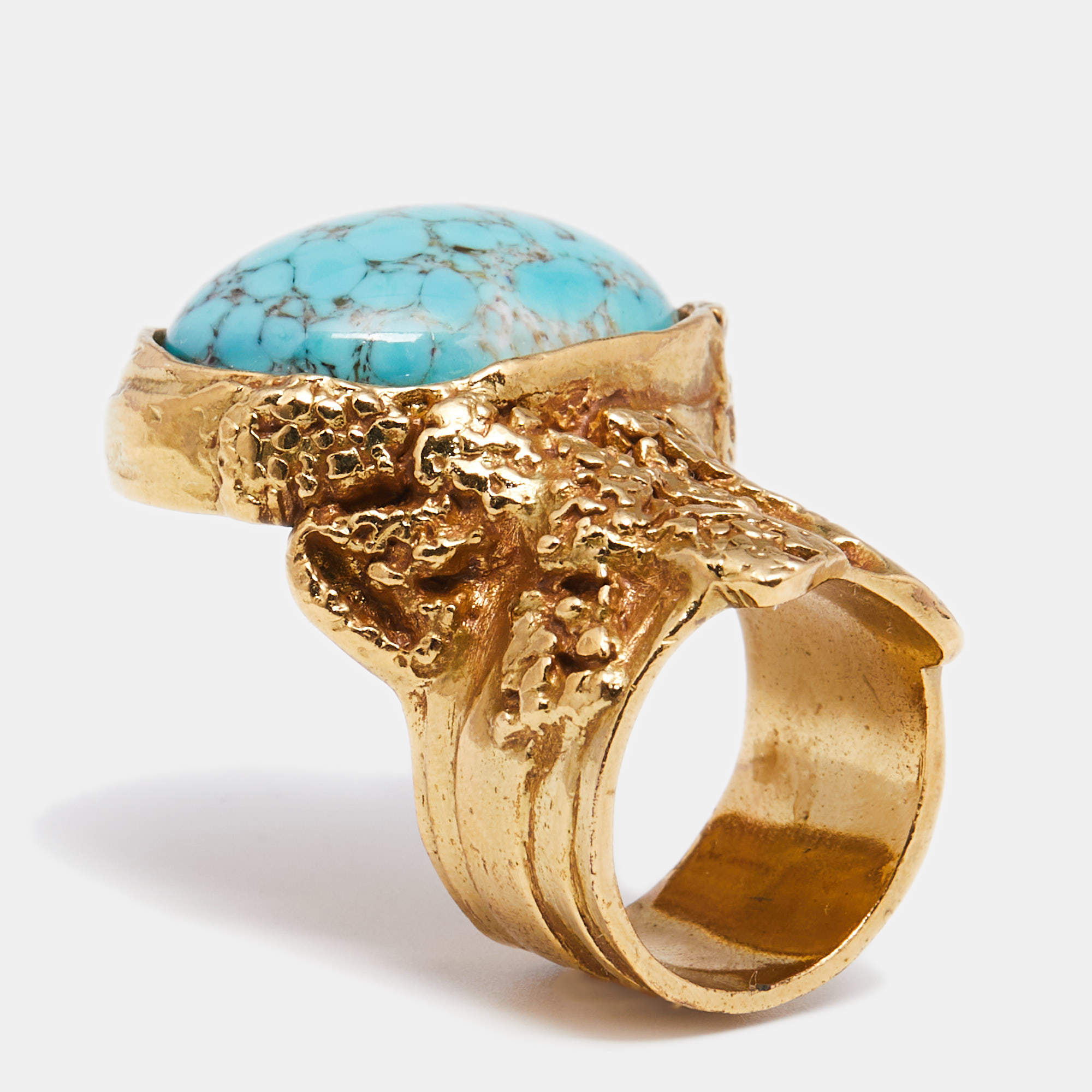Pre Owned Yves Saint Laurent Arty Blue Glass Cabochon Oval Ring Size 7
