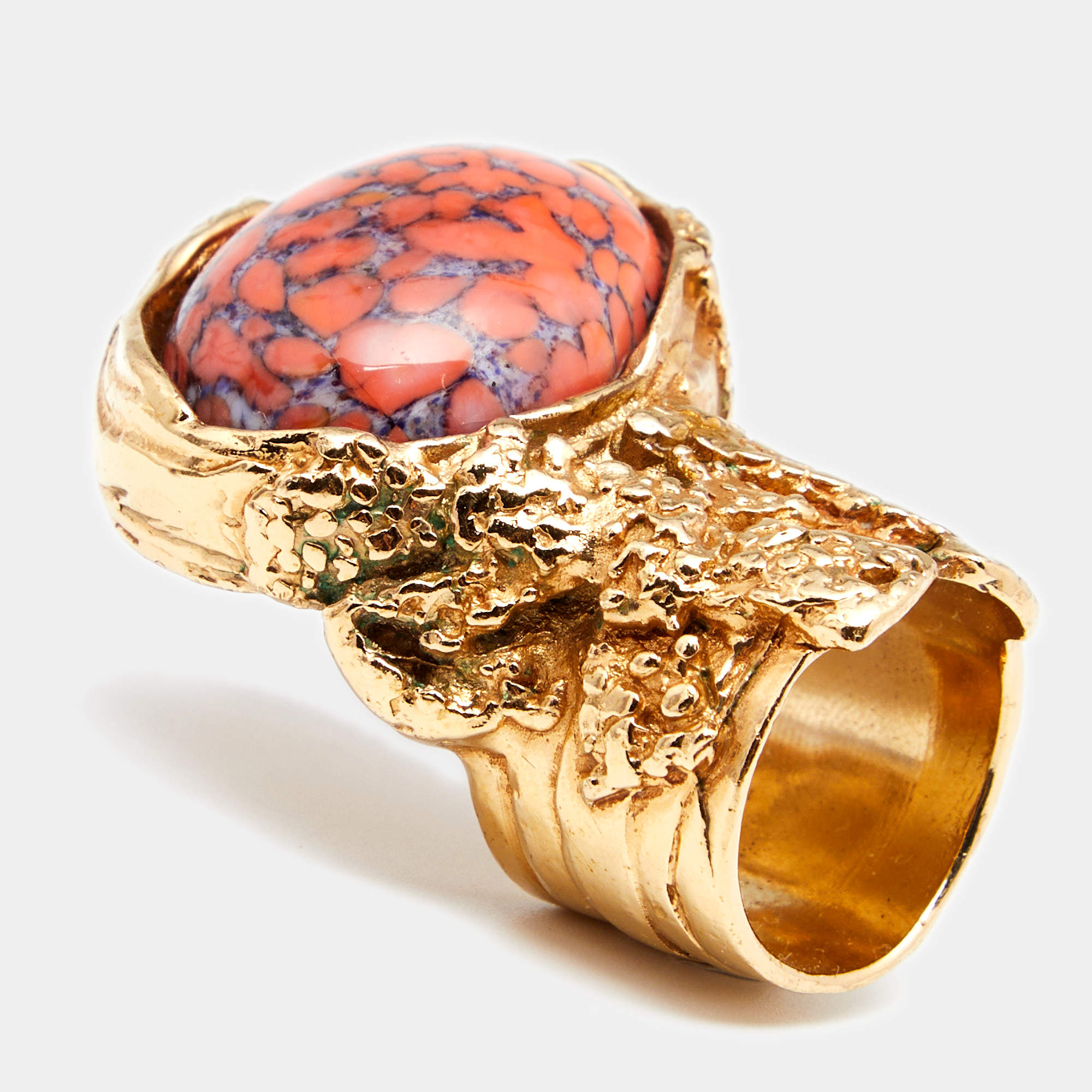 Pre Owned Yves Saint Laurent Coral Cabochon Arty Cocktail Ring EU 49