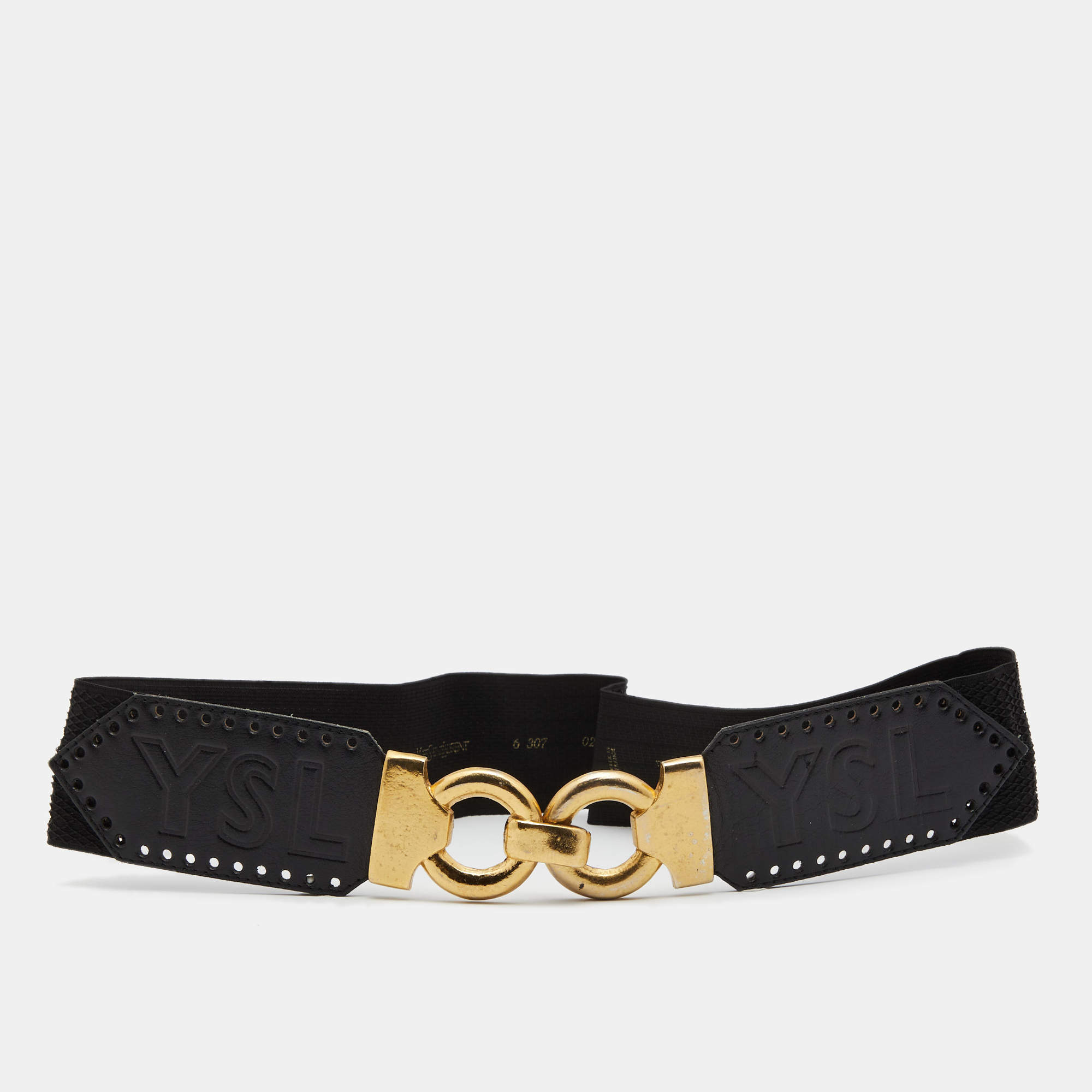 Pre Owned Saint Laurent Black Leather and Elastic Band Golden Hook Waist Belt 85CM
