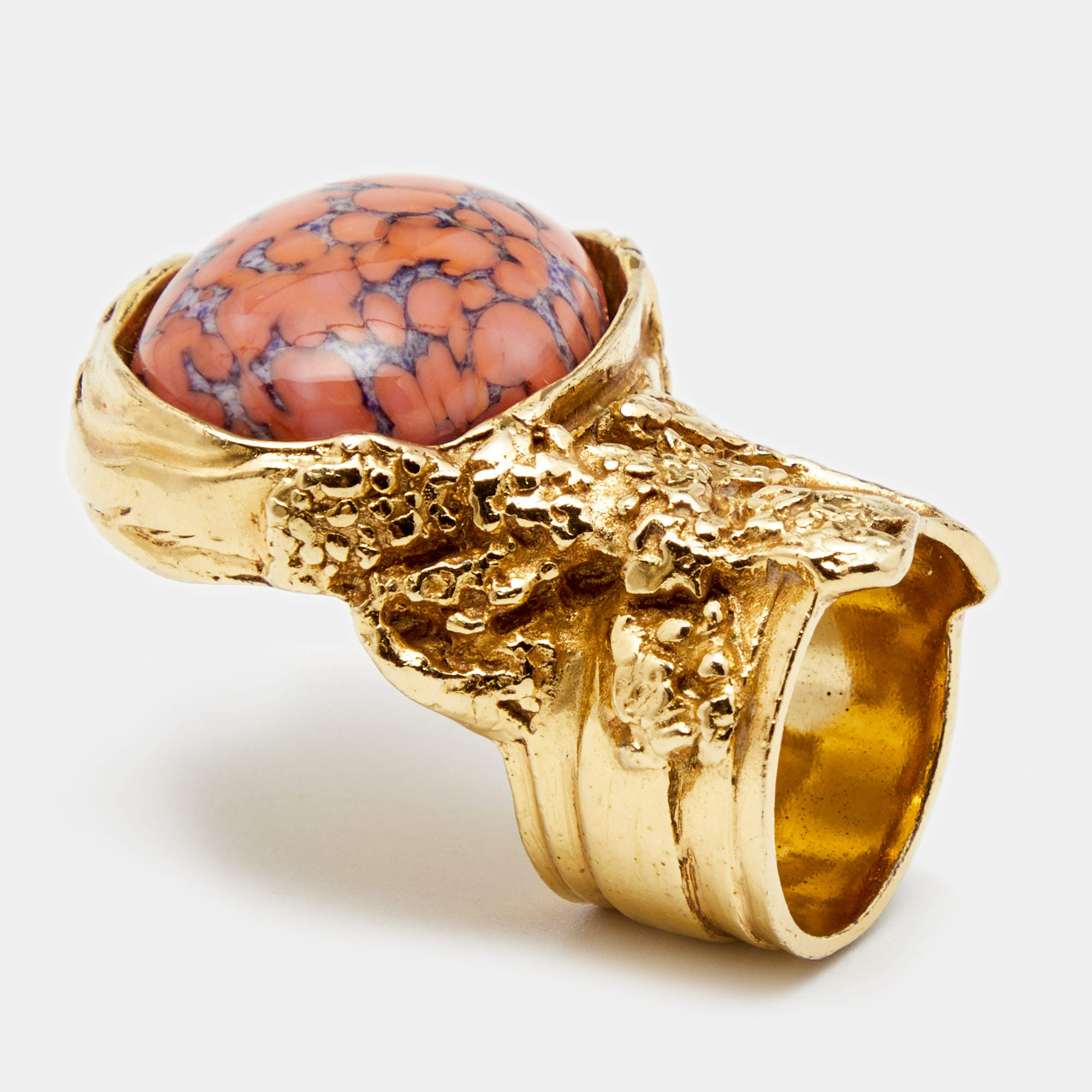 Pre Owned Yves Saint Laurent Coral Glass Cabochon Arty Ring EU 49