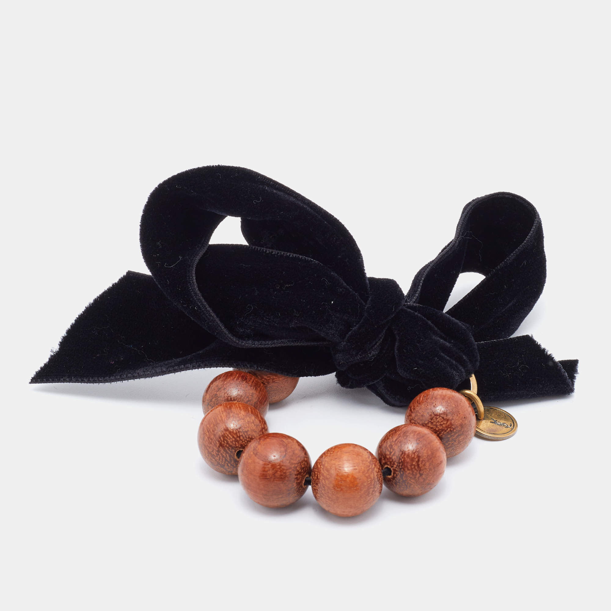 Pre Owned سوار إيف سان لوران فيونكة قطيفة وخرز خشب