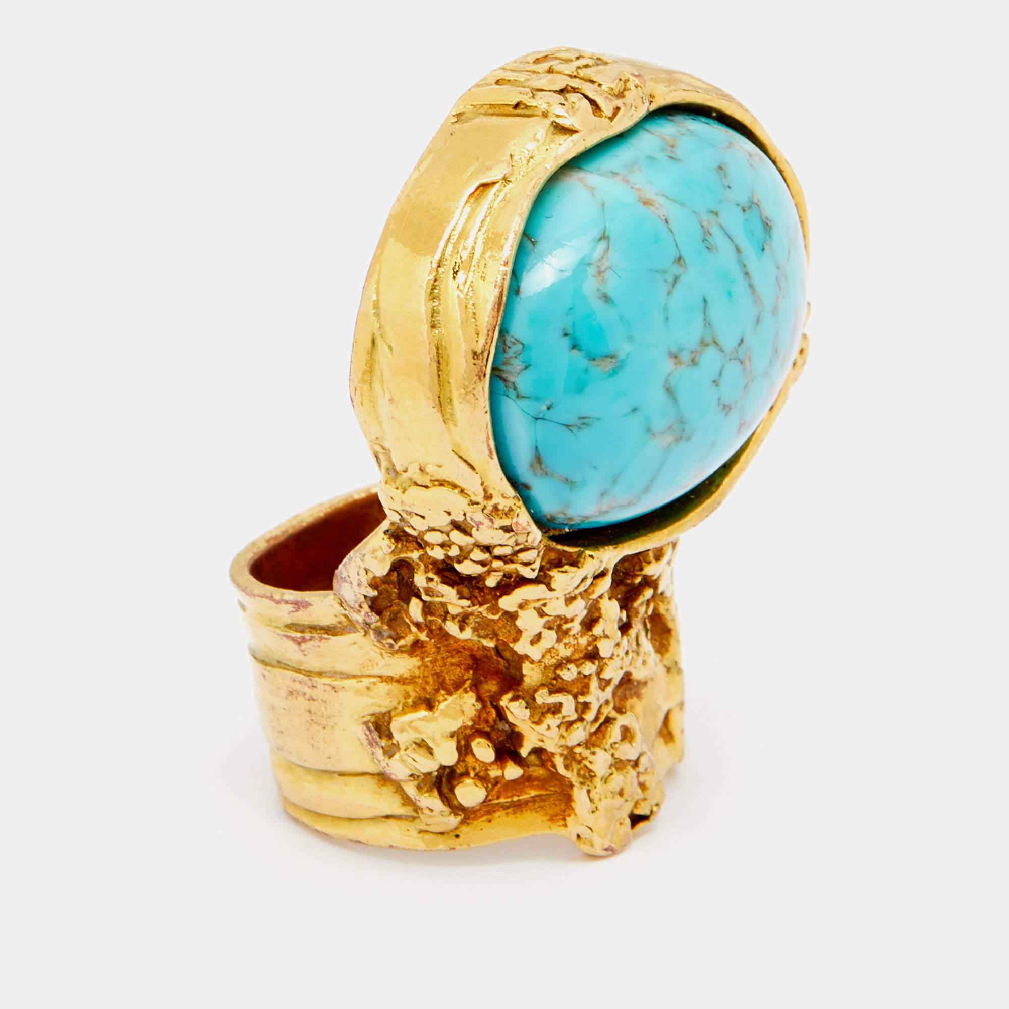 Pre Owned Saint Laurent Arty Turquoise Glass Cabochon Gold Tone Ring Size 52.5