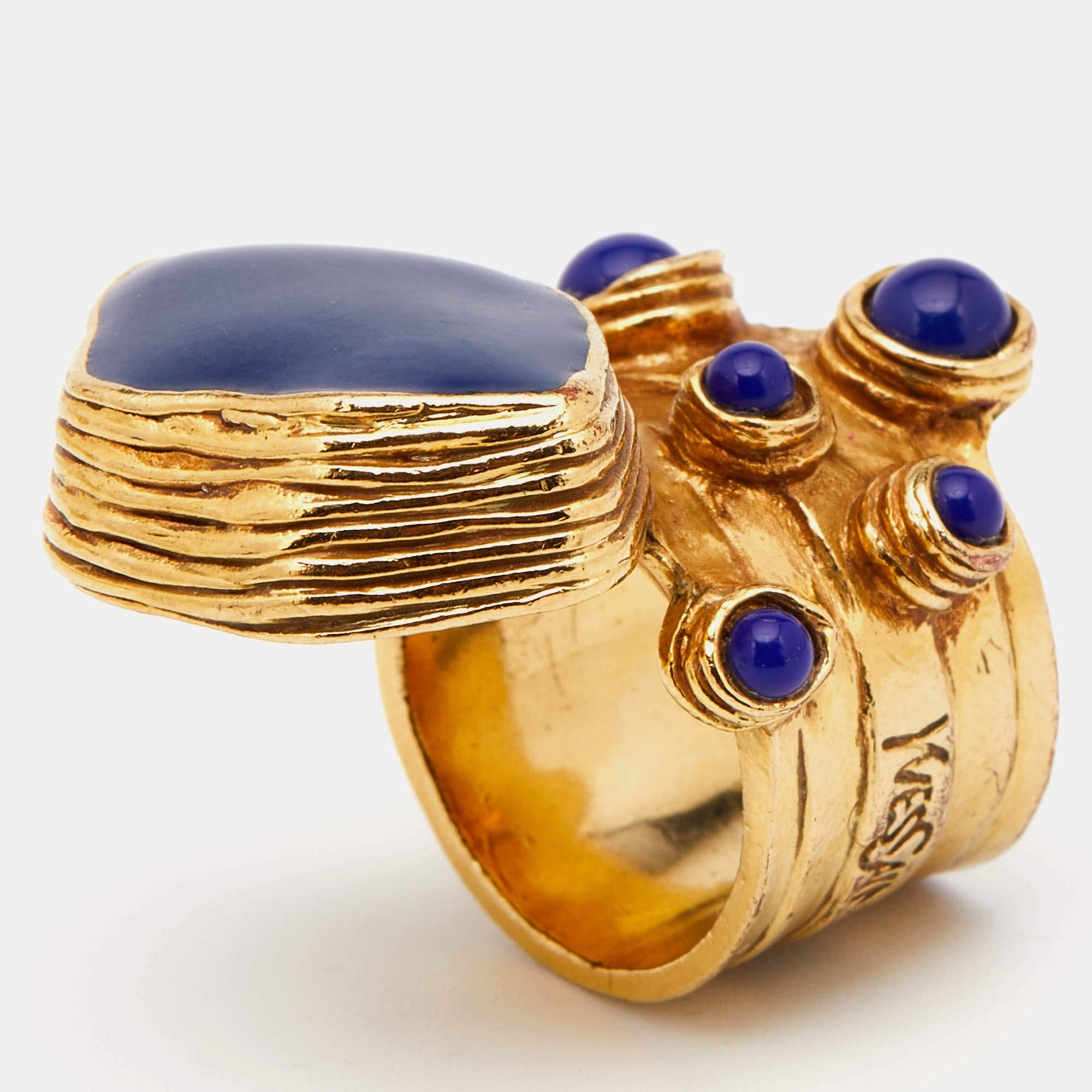 Pre Owned Yves Saint Laurent Arty Blue Cabochon & Enamel Gold Tone Ring Size 52