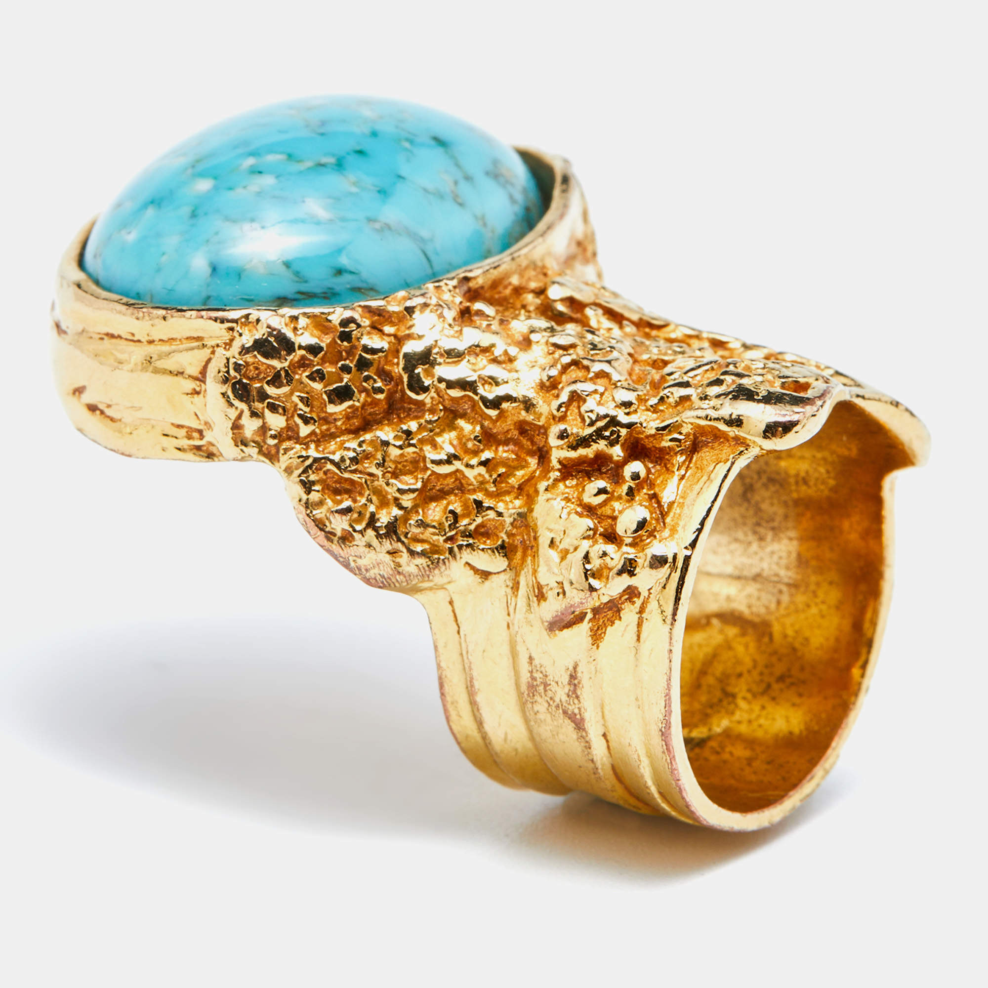 Pre Owned Saint Laurent Turquoise Glass Gold Tone Arty Ring Size 52