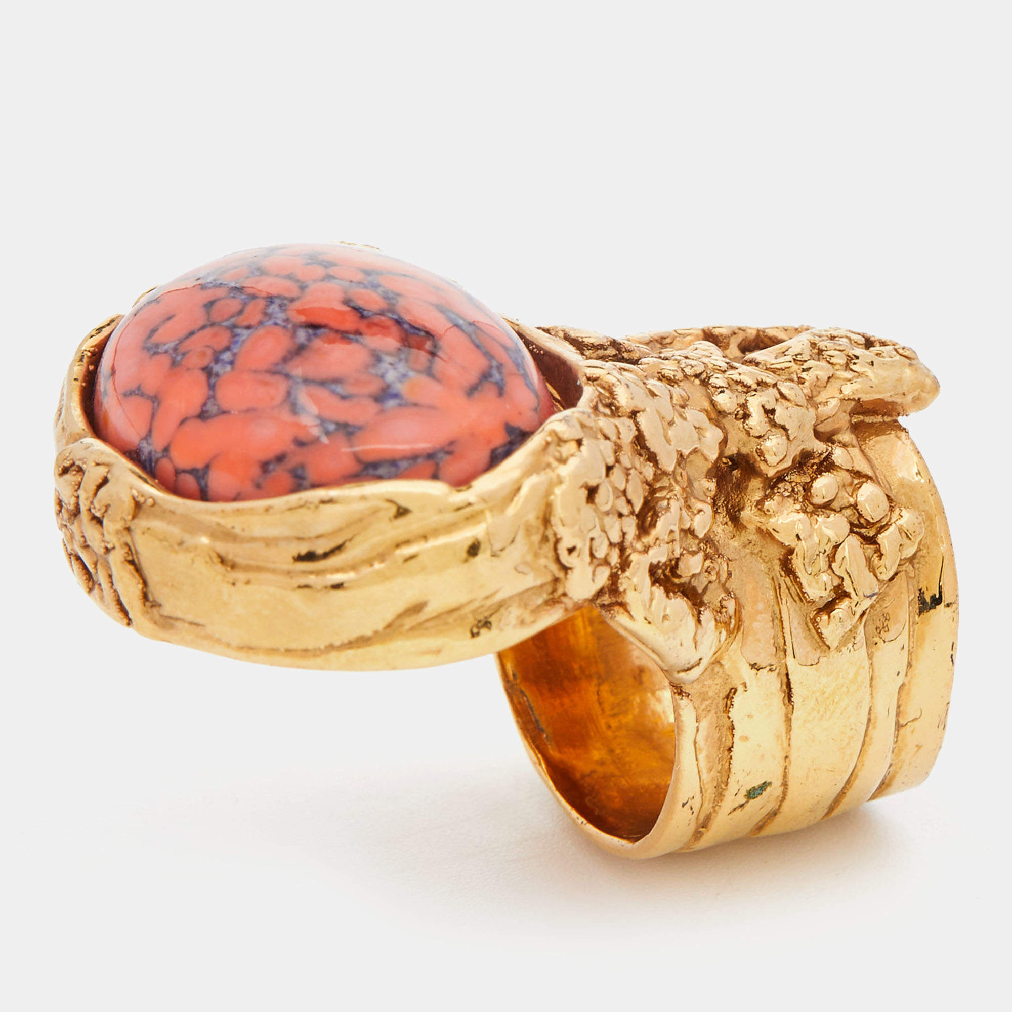 Yves Saint Laurent Gold Tone Coral Cabochon Arty Ring Size EU 54.5