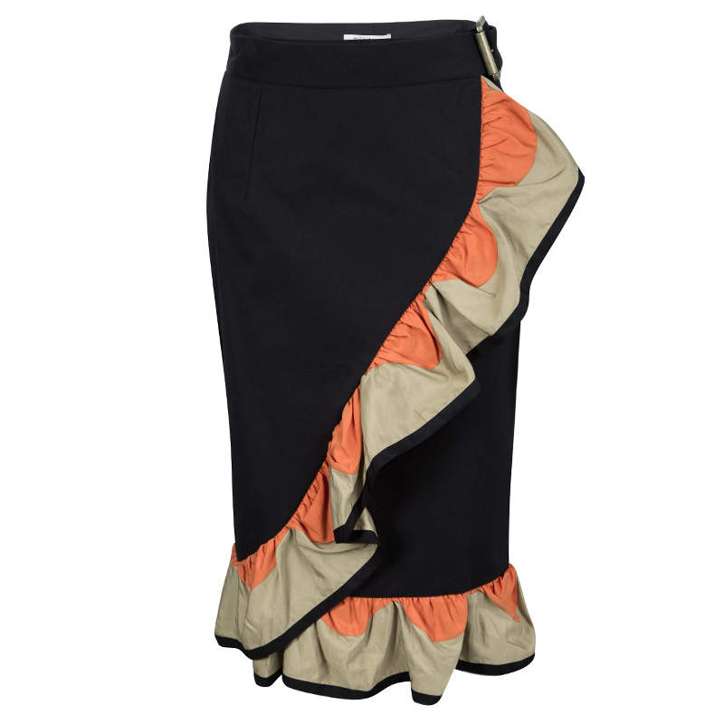 Yves Saint Laurent SS'11 Black Cotton Contrast Ruffle Detail Wrap Skirt M