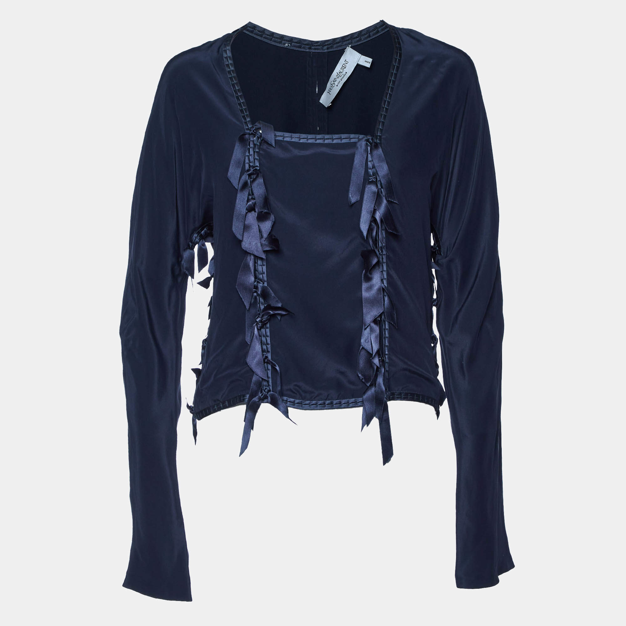 Pre Owned Yves Saint Laurent Vintage Navy Blue Ribbon Detail Blouse L
