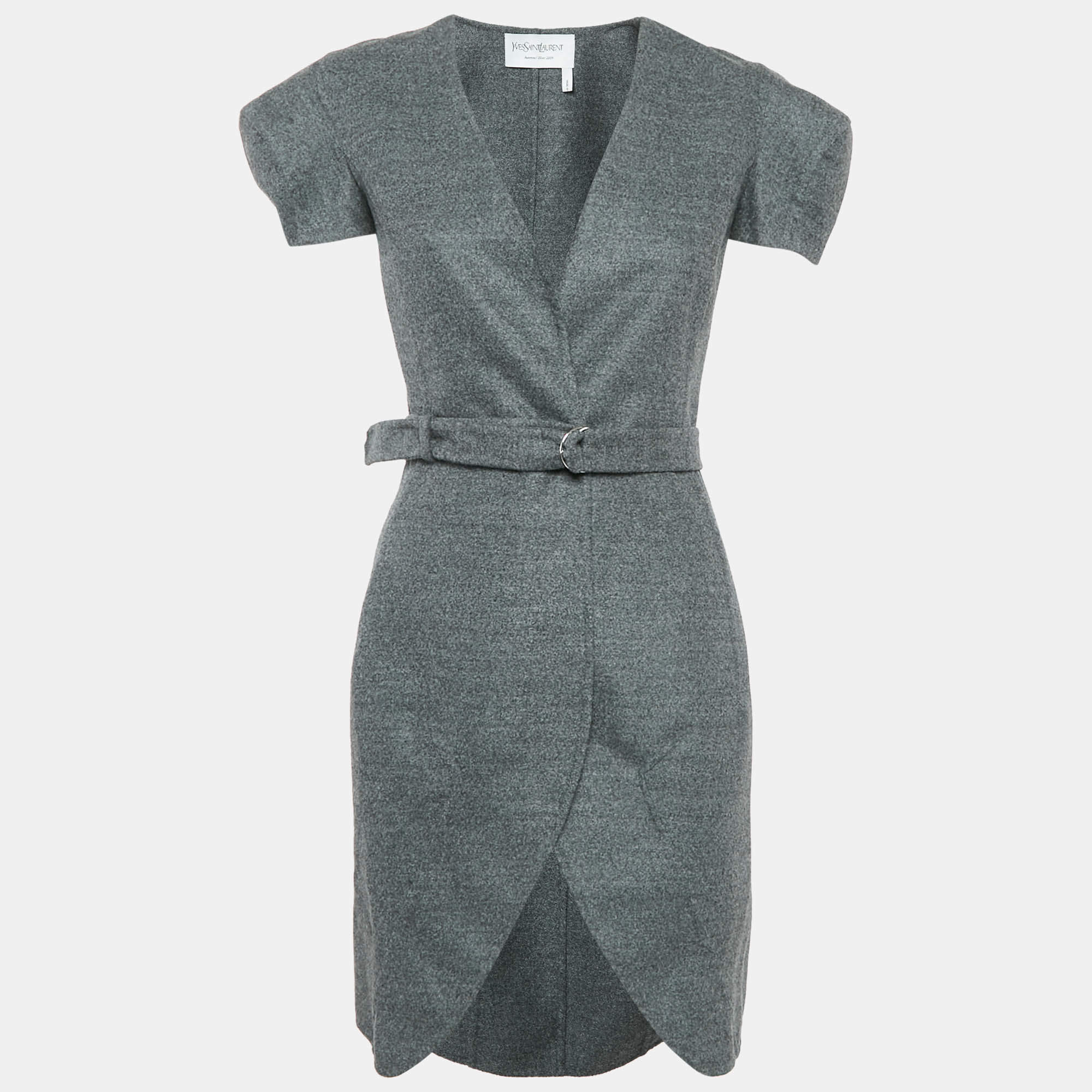 Pre Owned Yves Saint Laurent Vintage Grey Wool Belted Mini Dress S