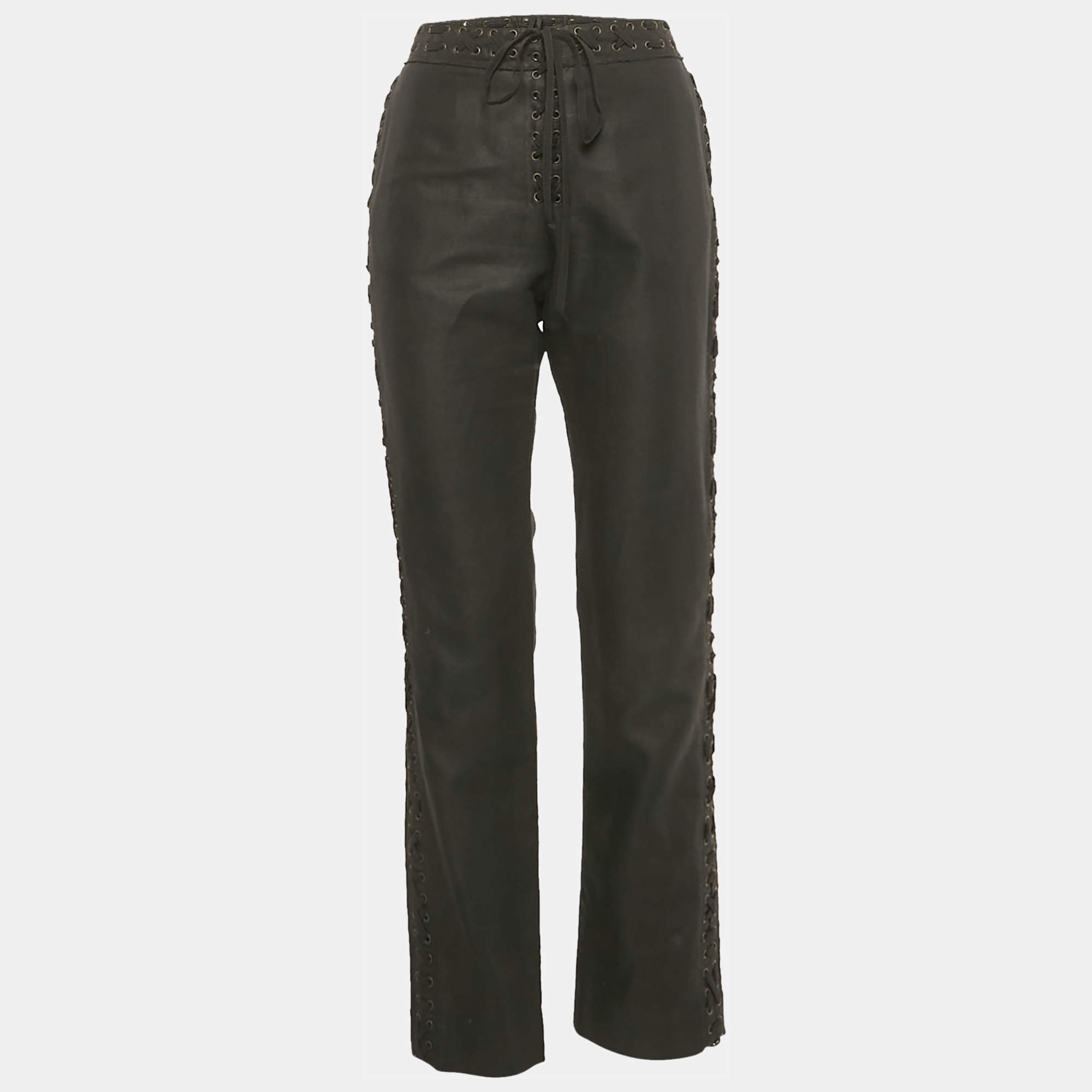 Pre Owned Yves Saint Laurent Vintage Black Gabardine Lace-Up Detail Trousers L