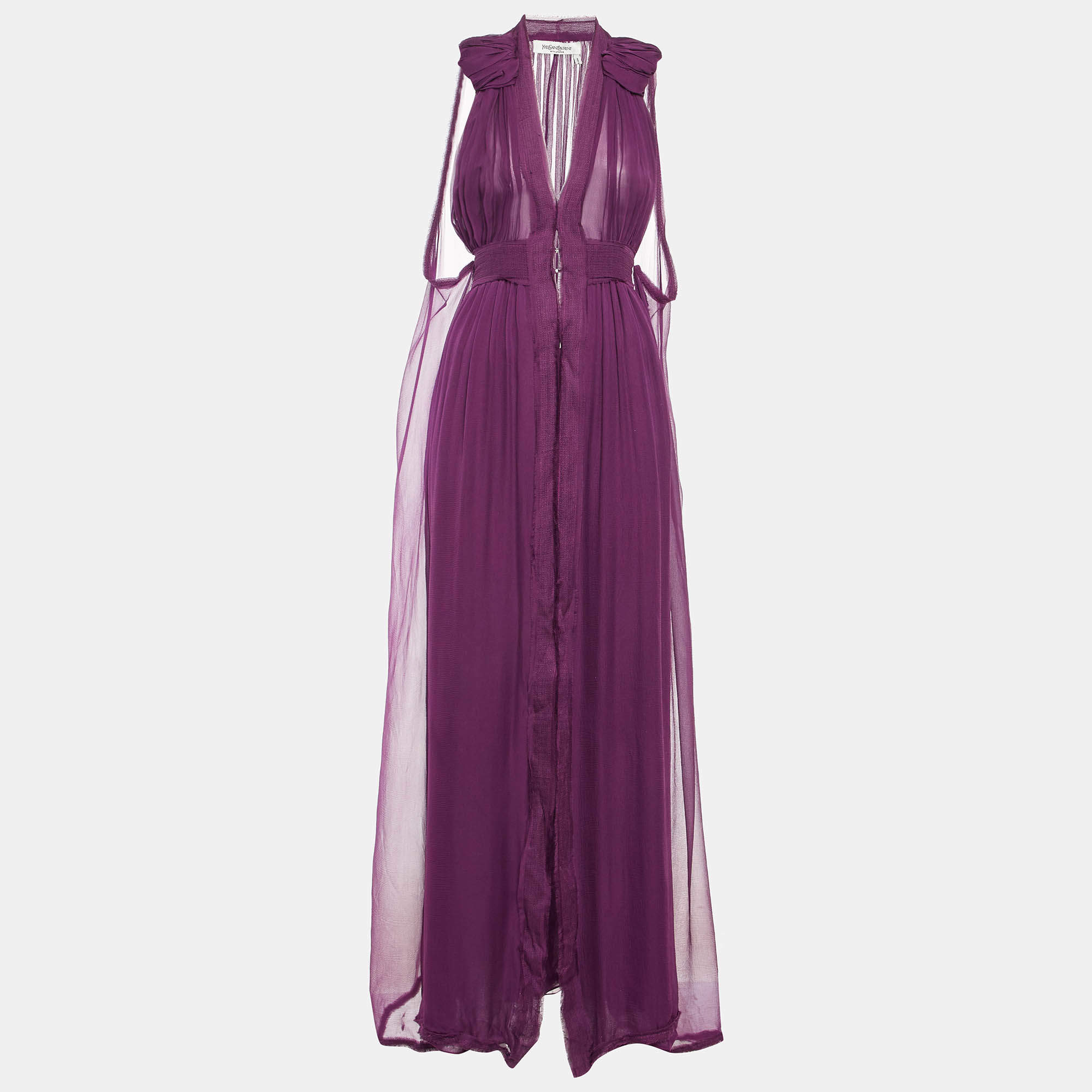 Pre Owned Yves Saint Laurent Purple Silk Cape Detail Maxi Dress S