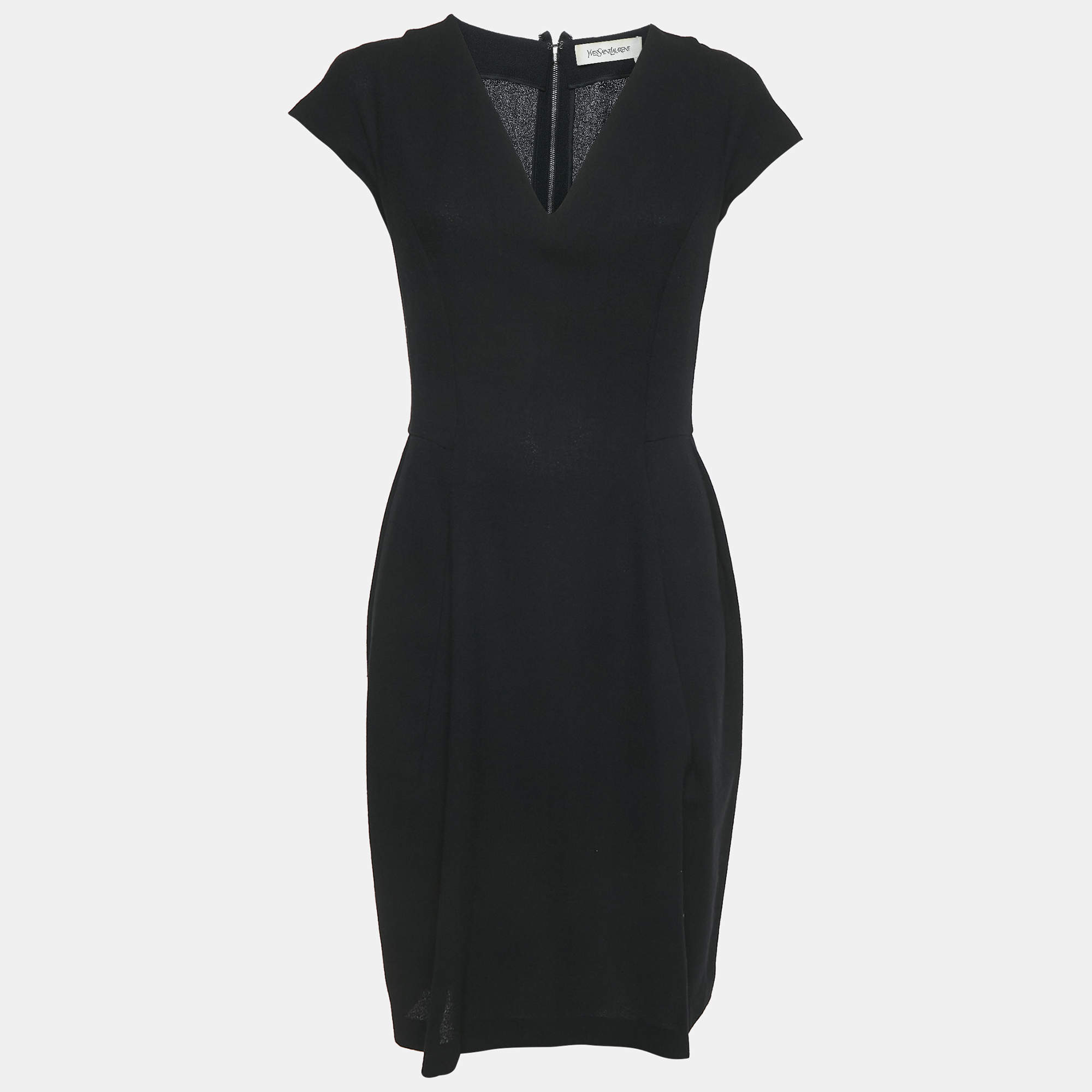 Pre Owned Yves Saint Laurent Vintage Black Wool V-Neck Short Dress M