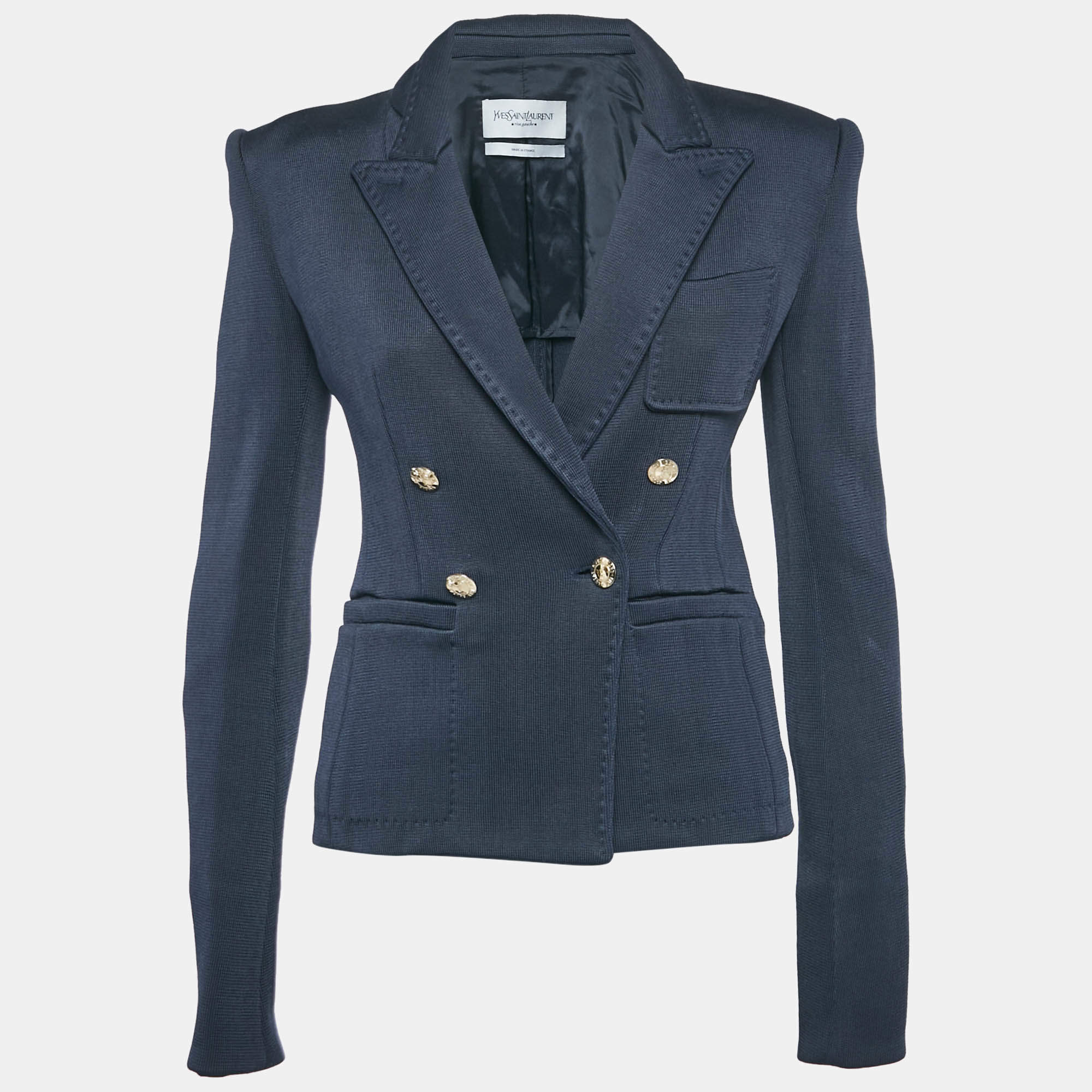 Yves Saint Laurent Navy Blue Rib Knit Double Breasted Blazer S