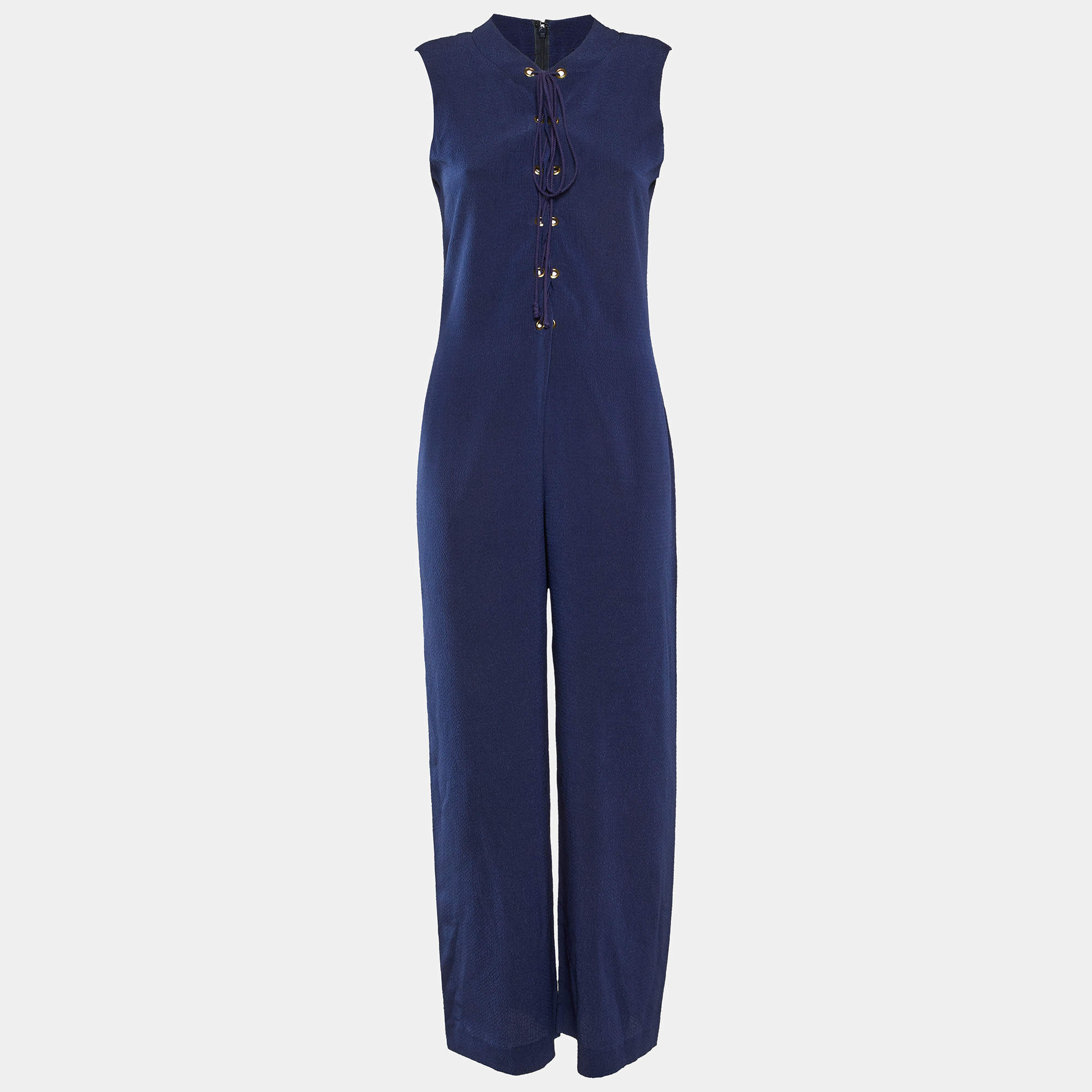 Pre Owned Yves Saint Laurent Blue Textured Crepe Lace Up Jumpsuit M