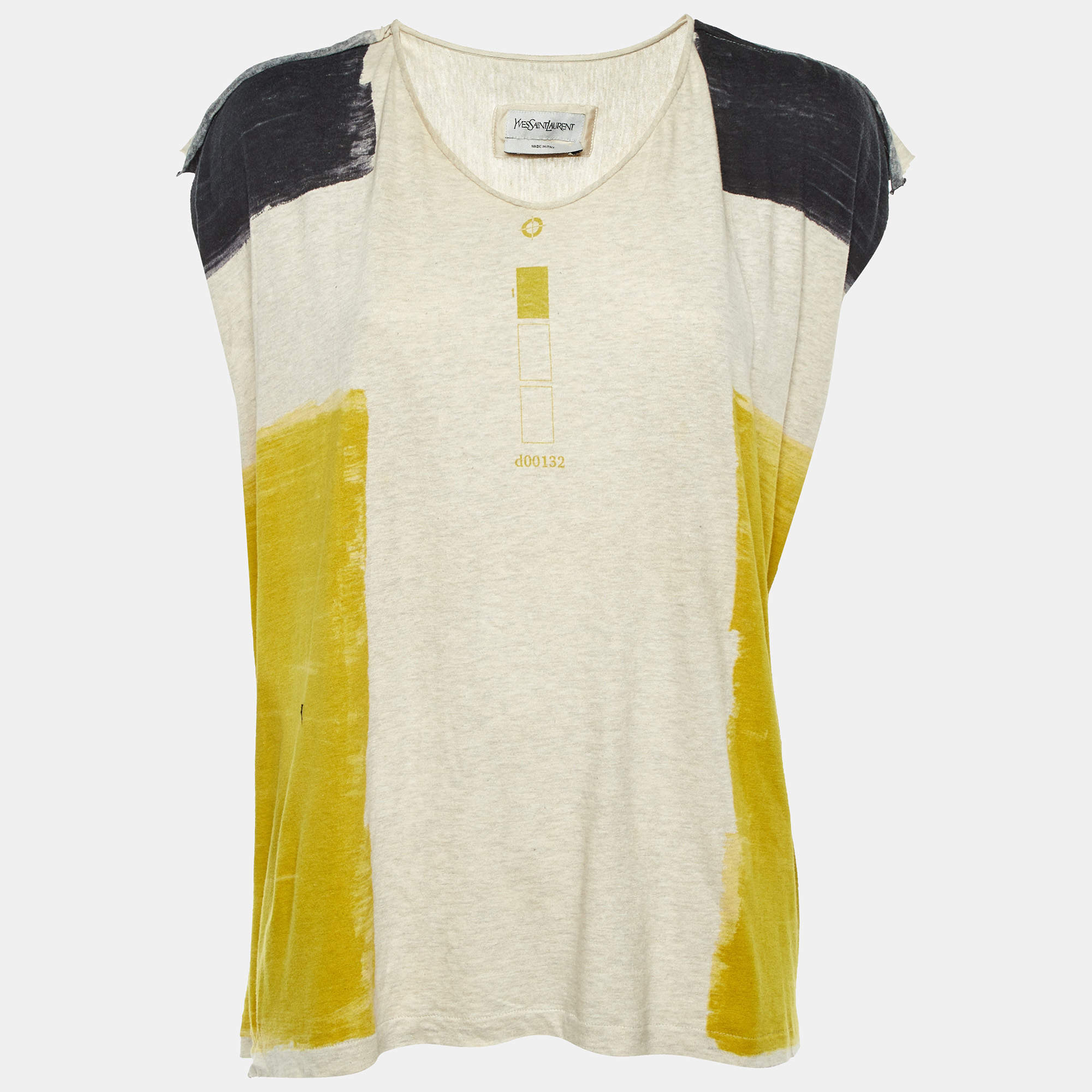 Pre Owned Yves Saint Laurent Paris Cream Printed Cotton Distressed T-Shirt L