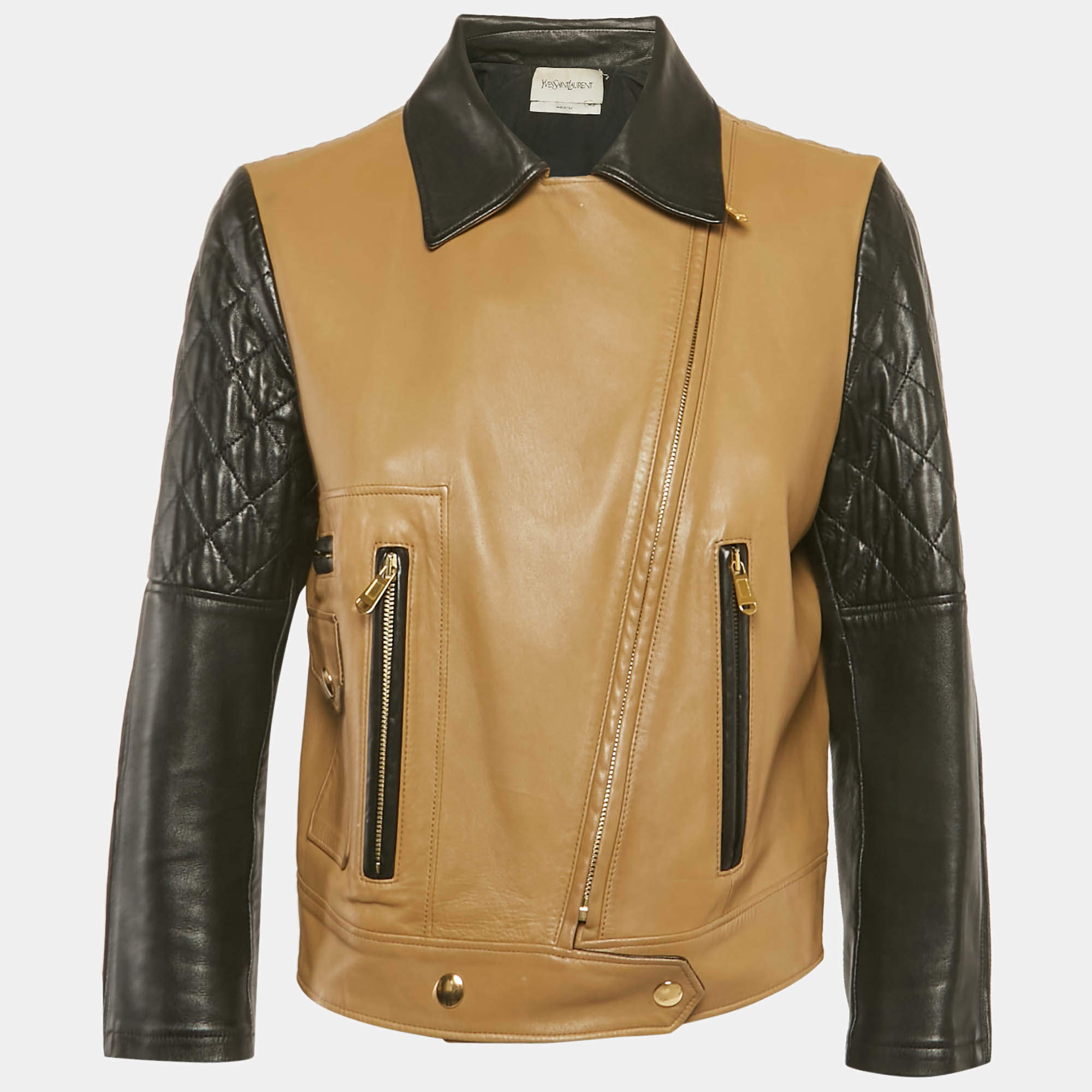 مملوكة مسبقًا Yves Saint Laurent Brown/Black Leather Zip-Up Jacket L