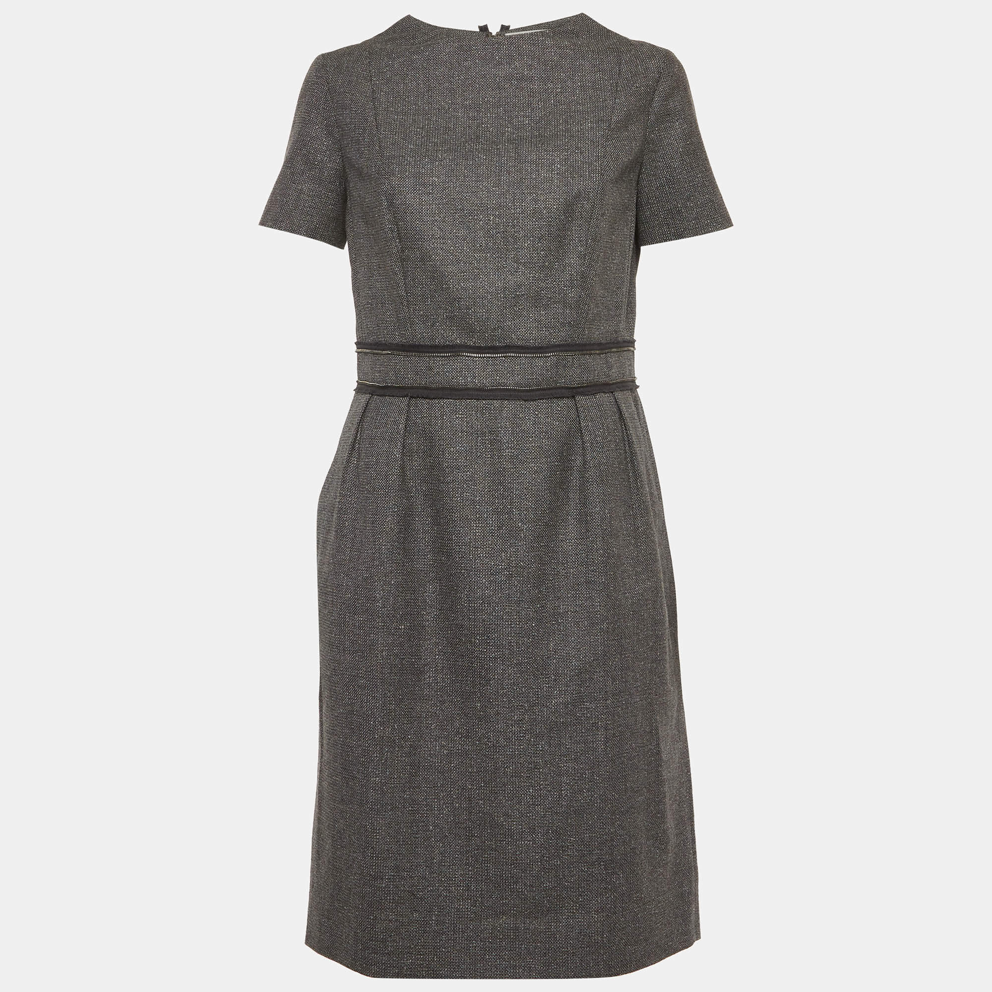 Pre Owned Yves Saint Laurent Grey Wool Blend Zip Detail Knee-Length Dress L