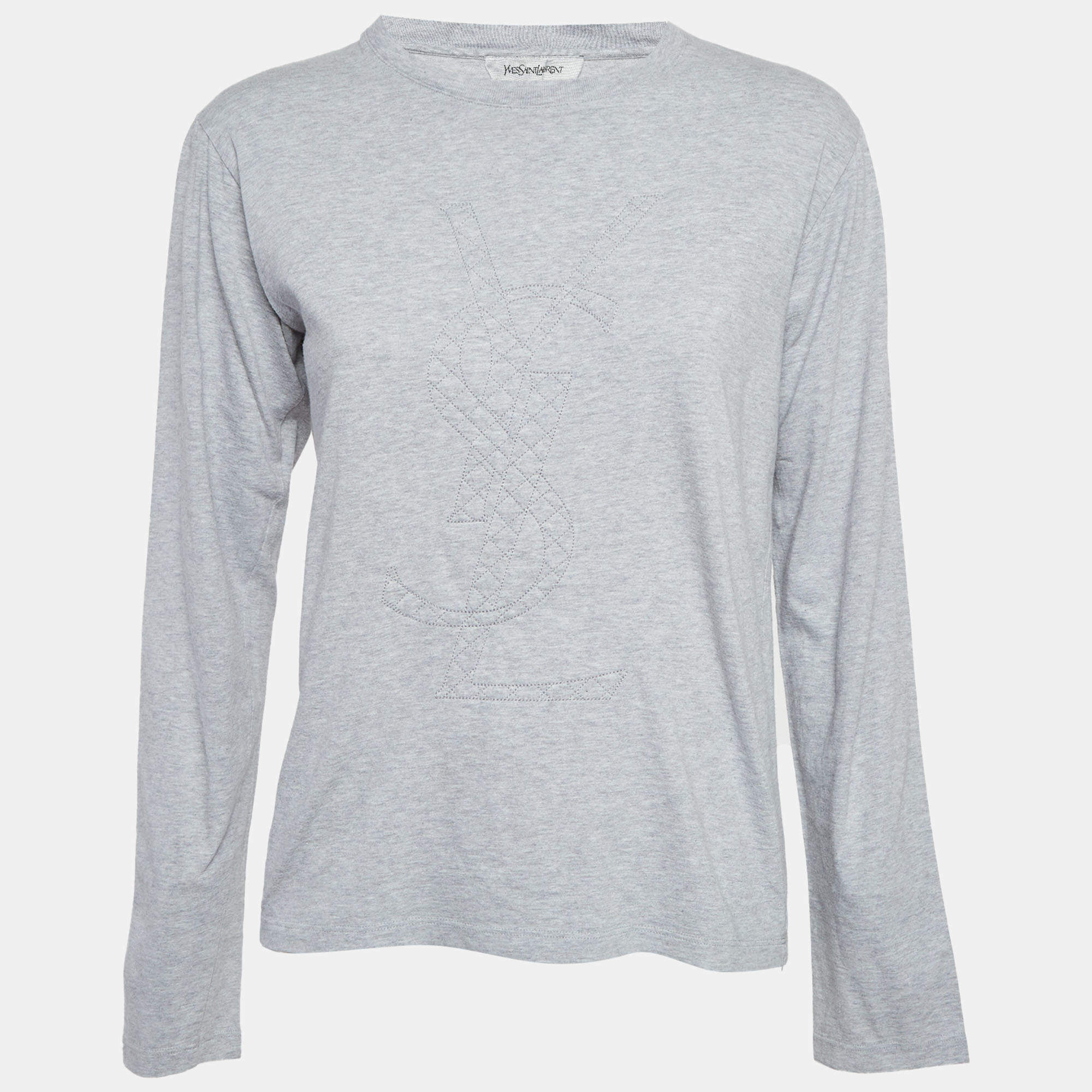 مملوكة مسبقًا Yves saint Laurent Grey Logo Embroidered T-Shirt S