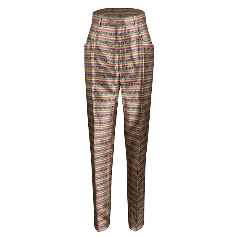 Pre Owned Yves Saint Laurent Paris Multicolor Striped Silk Brocade High Waist Pants M