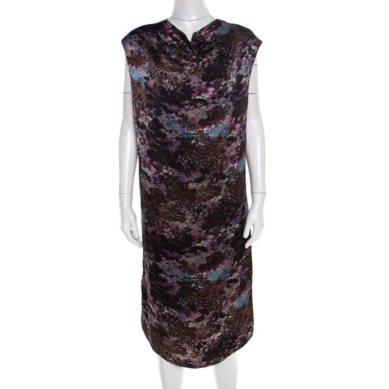 Pre Owned Yves Saint Laurent Paris Black Printed Satin Tie Detail Dress S