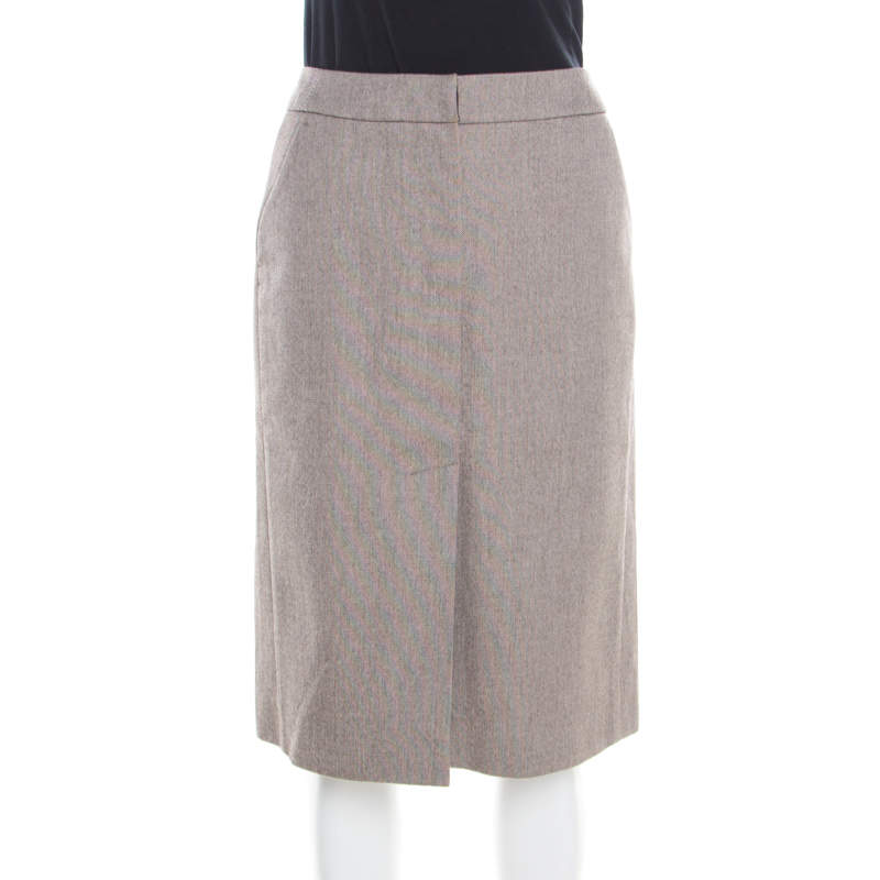 Yves Saint Laurent Paris Brown and White Textured Cotton Pencil Skirt L