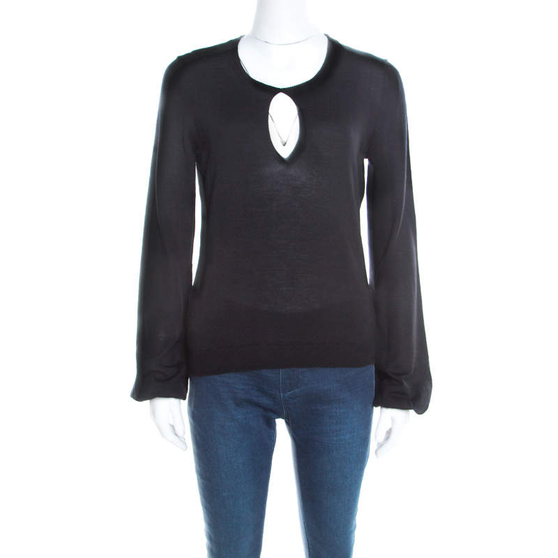 Pre Owned Yves Saint Laurent Black Wool Keyhole Neck Long Sleeve Sweater M