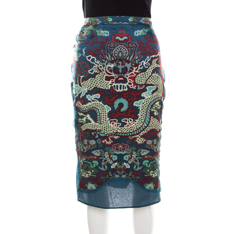 Pre Owned Yves Saint Laurent by Tom Ford Printed Silk Irregular Paneled Skirt XL