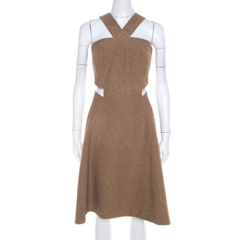 Yves Saint Laurent Brown Textured Cotton Cut Out Detail Flared Dress M