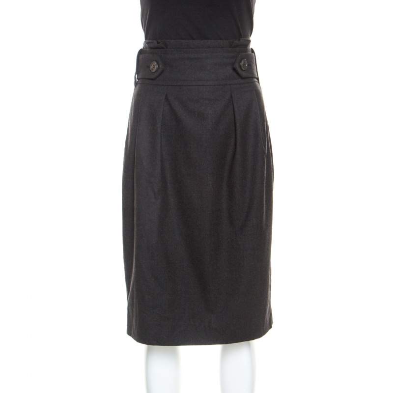 Pre Owned Yves Saint Laurent Charcoal Grey Wool Belt Detail Skirt M 