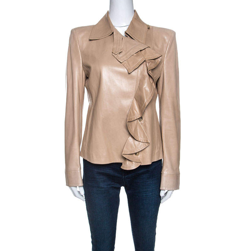 مملوكة مسبقًا Yves Saint Laurent Beige Leather Ruffle Detail Jacket L