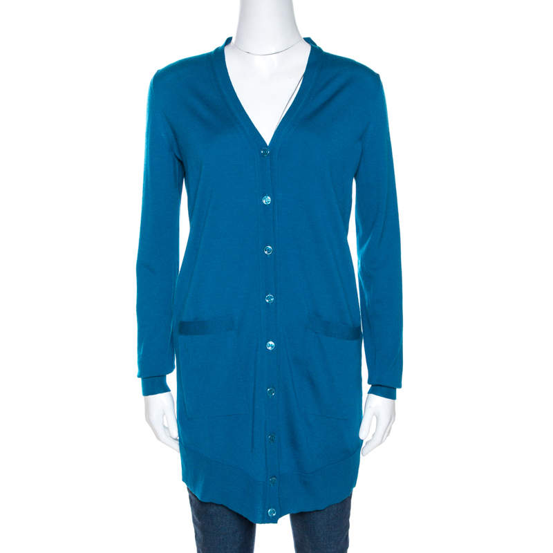 Pre Owned Yves Saint Laurent Blue Wool Button Front Cardigan S